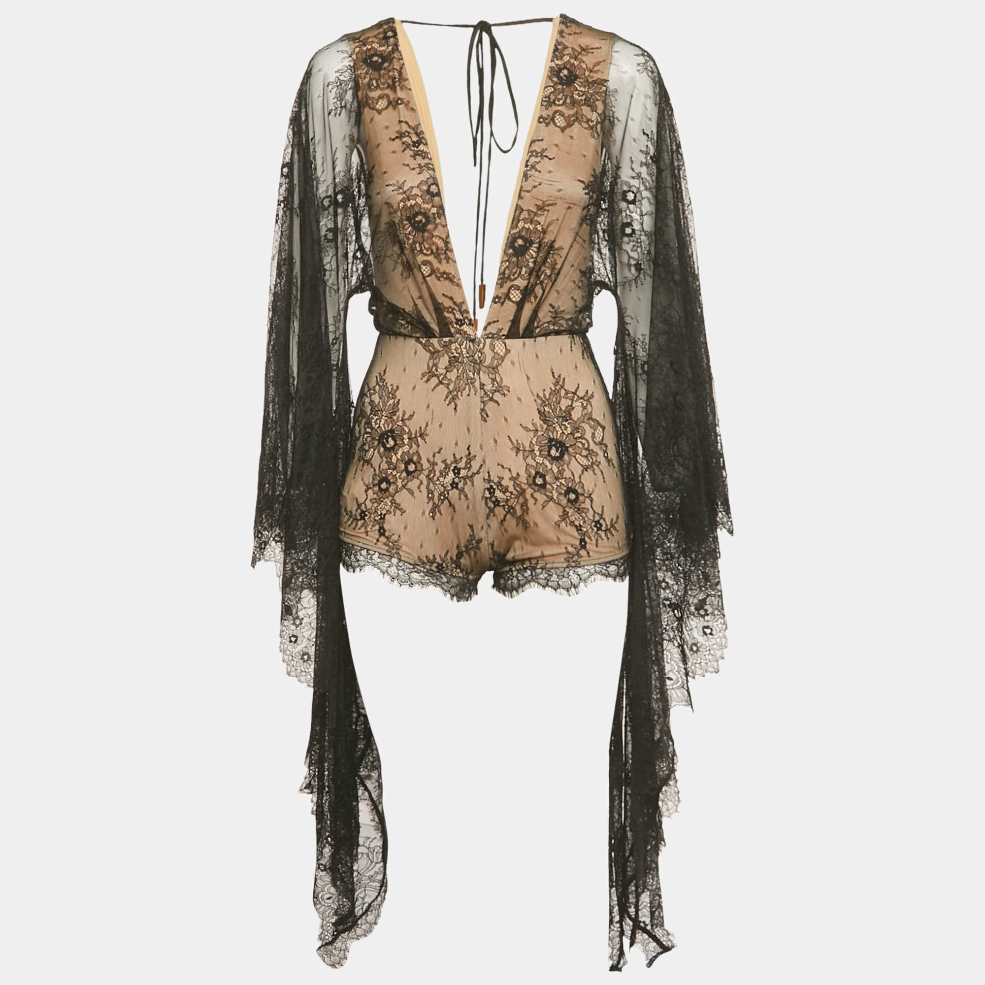 مملوكة مسبقًا Michael Costello x Revolve Black Lace Flared Sleeve Bodysuit S