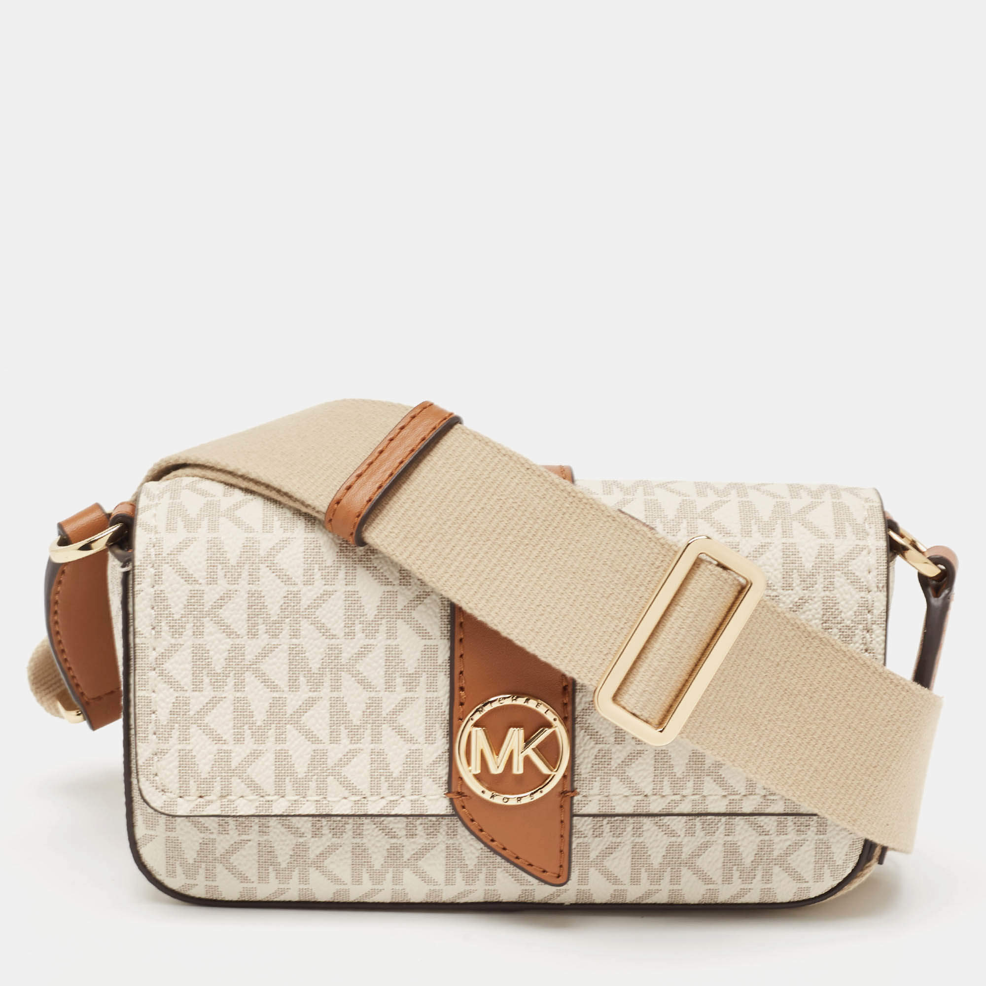 Pre Owned Michael Kors White/Brown Signature Coated Canvas and Leather Greenwhich East West Crossbody Bag