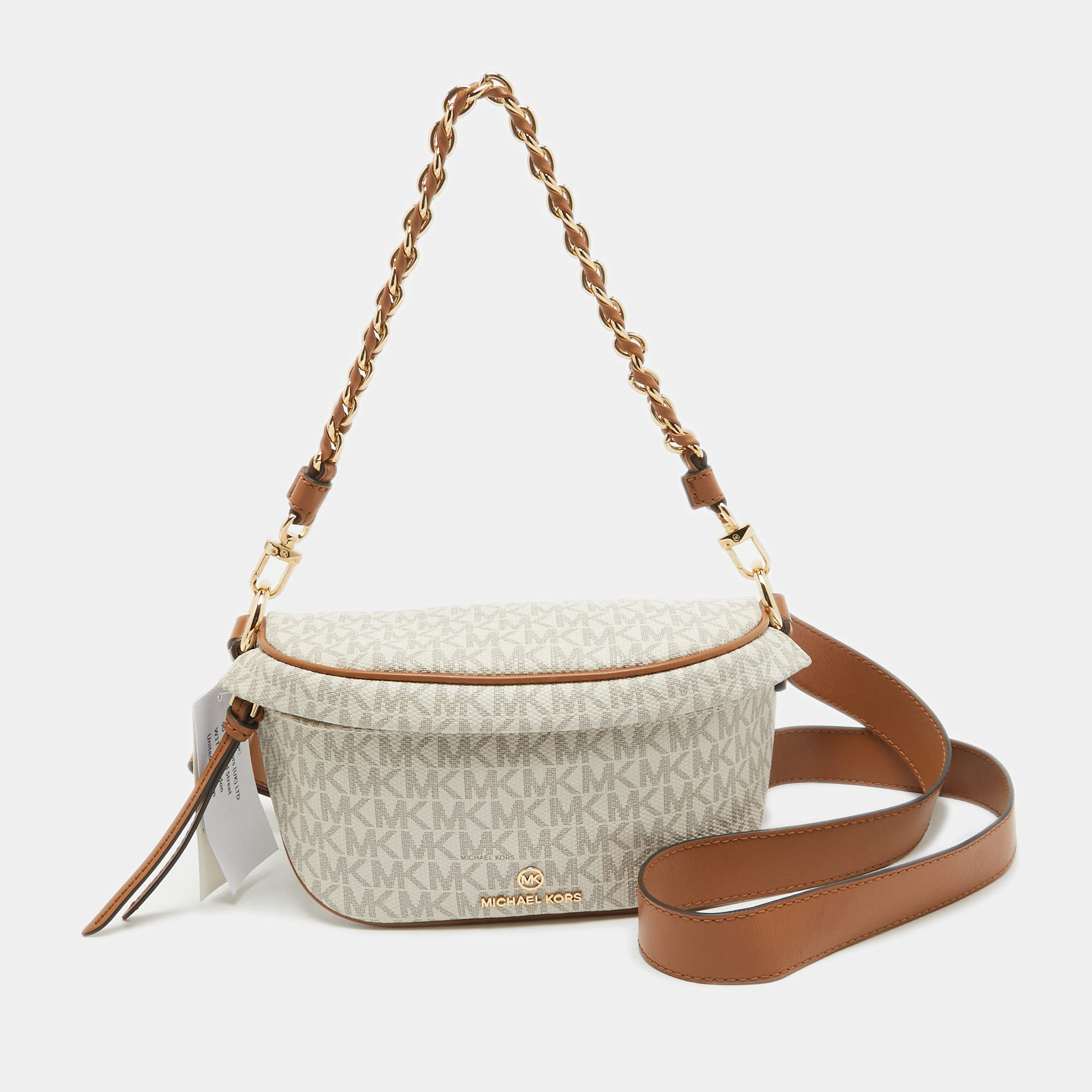 Michael Kors Brown/Off White Signature Coated Canvas and Leather Extra Small Slater Sling Bag