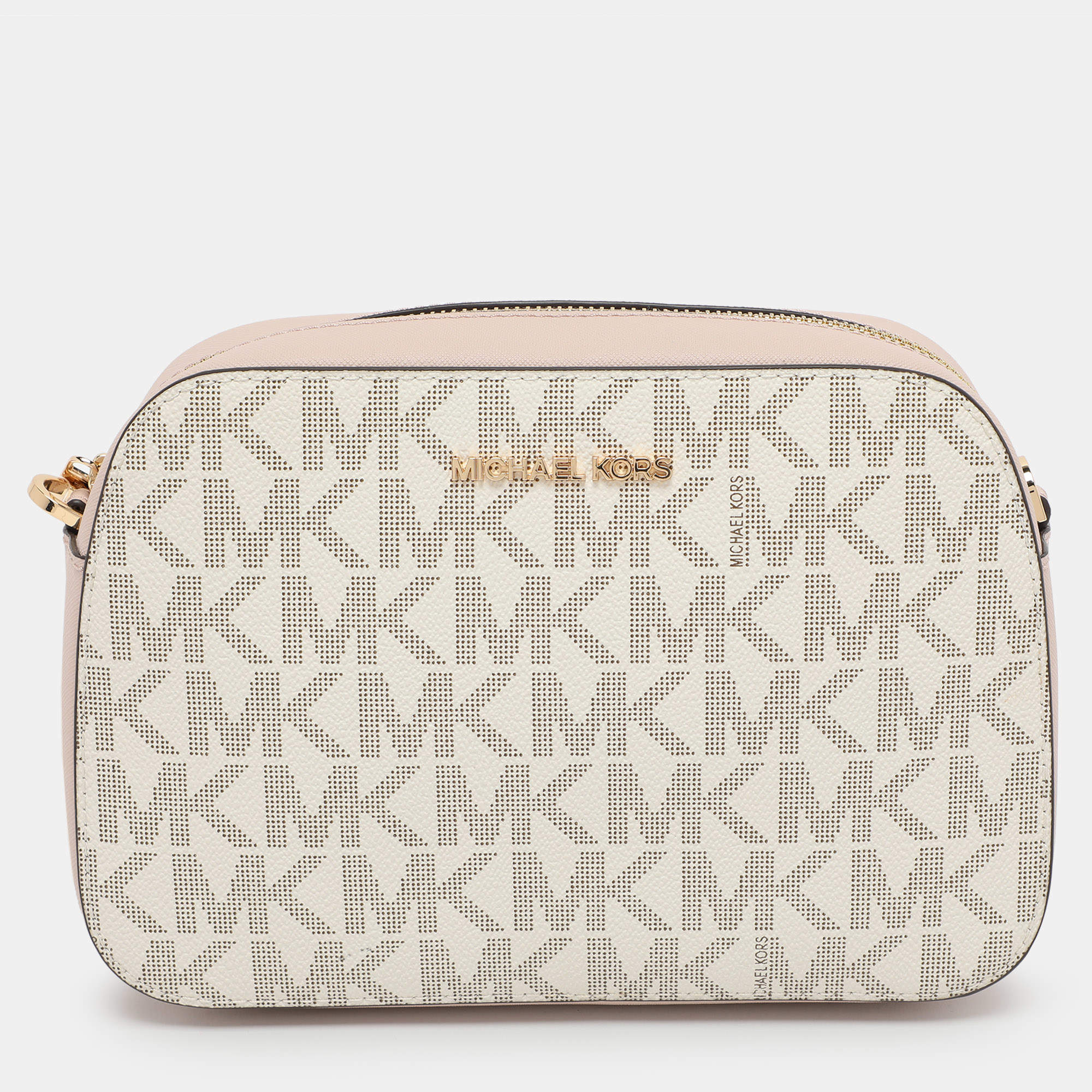 Pre Owned Michael Kors Pink/Beige Signature Coated Canvas and Leather Jet Set Crossbody Bag