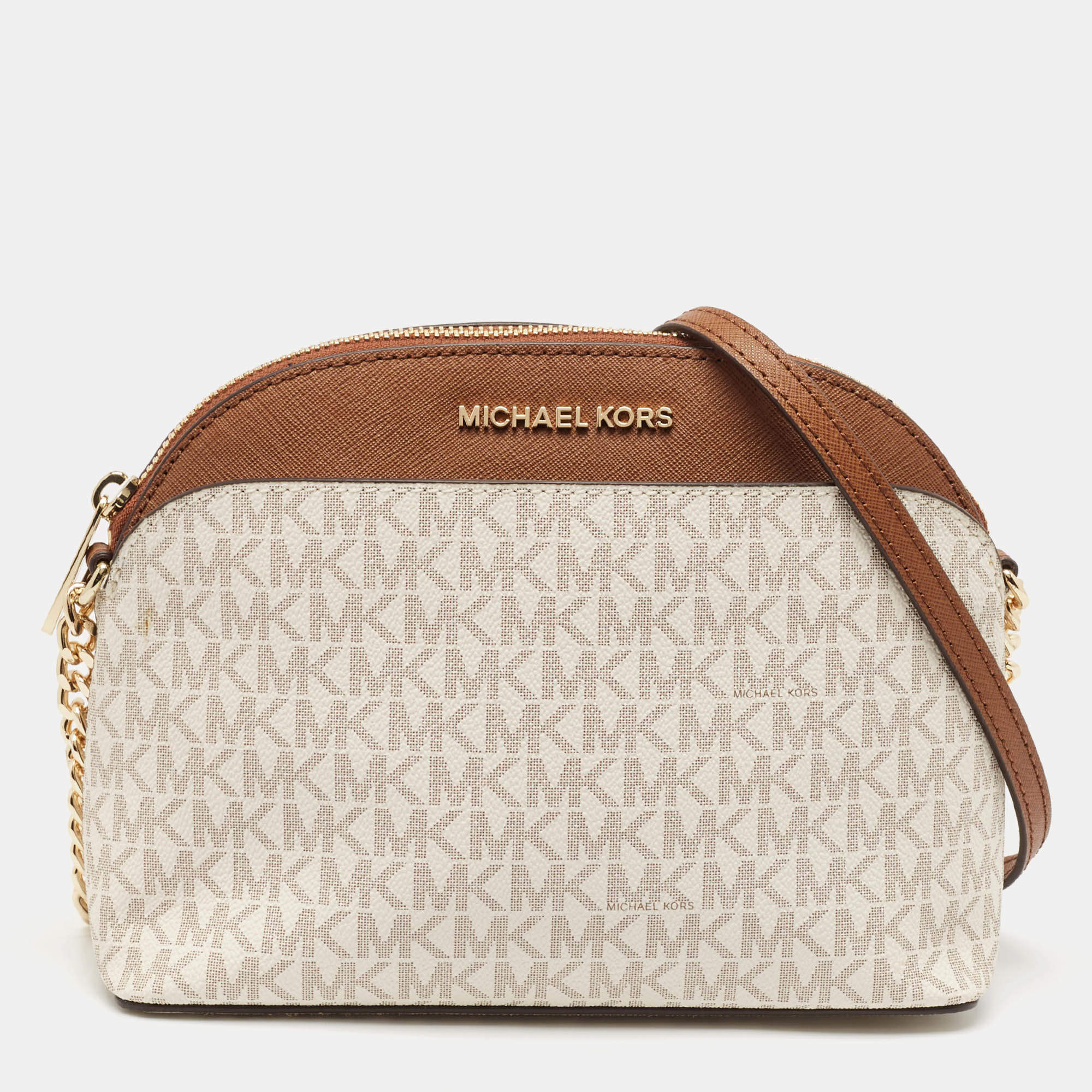 Pre Owned Michael Kors White/Brown Signature Coated Canvas and Leather Jet Set Travel Crossbody Bag
