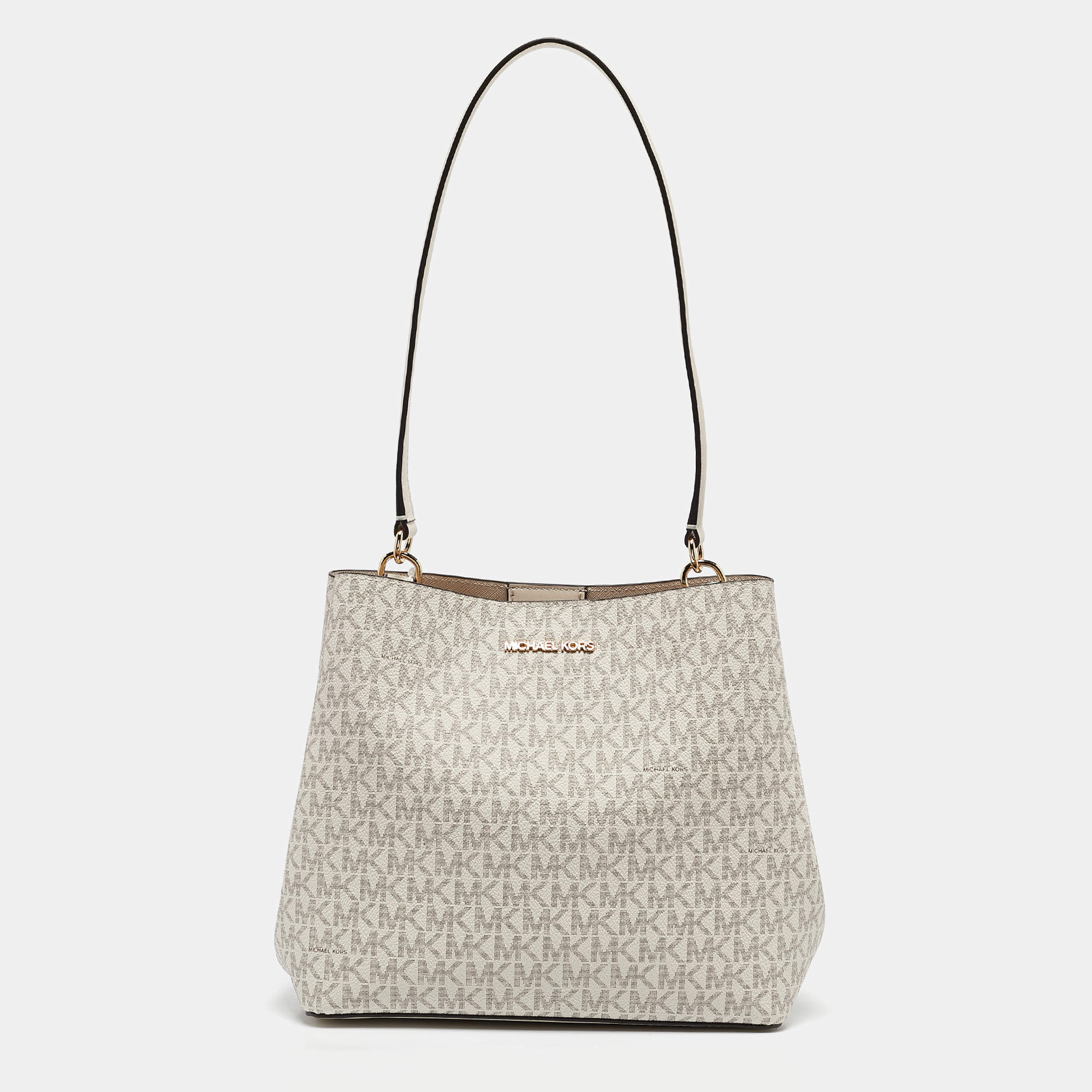 Pre Owned Michael Kors Off Signature White Coated Canvas and Leather Medium Pratt Bucket Bag