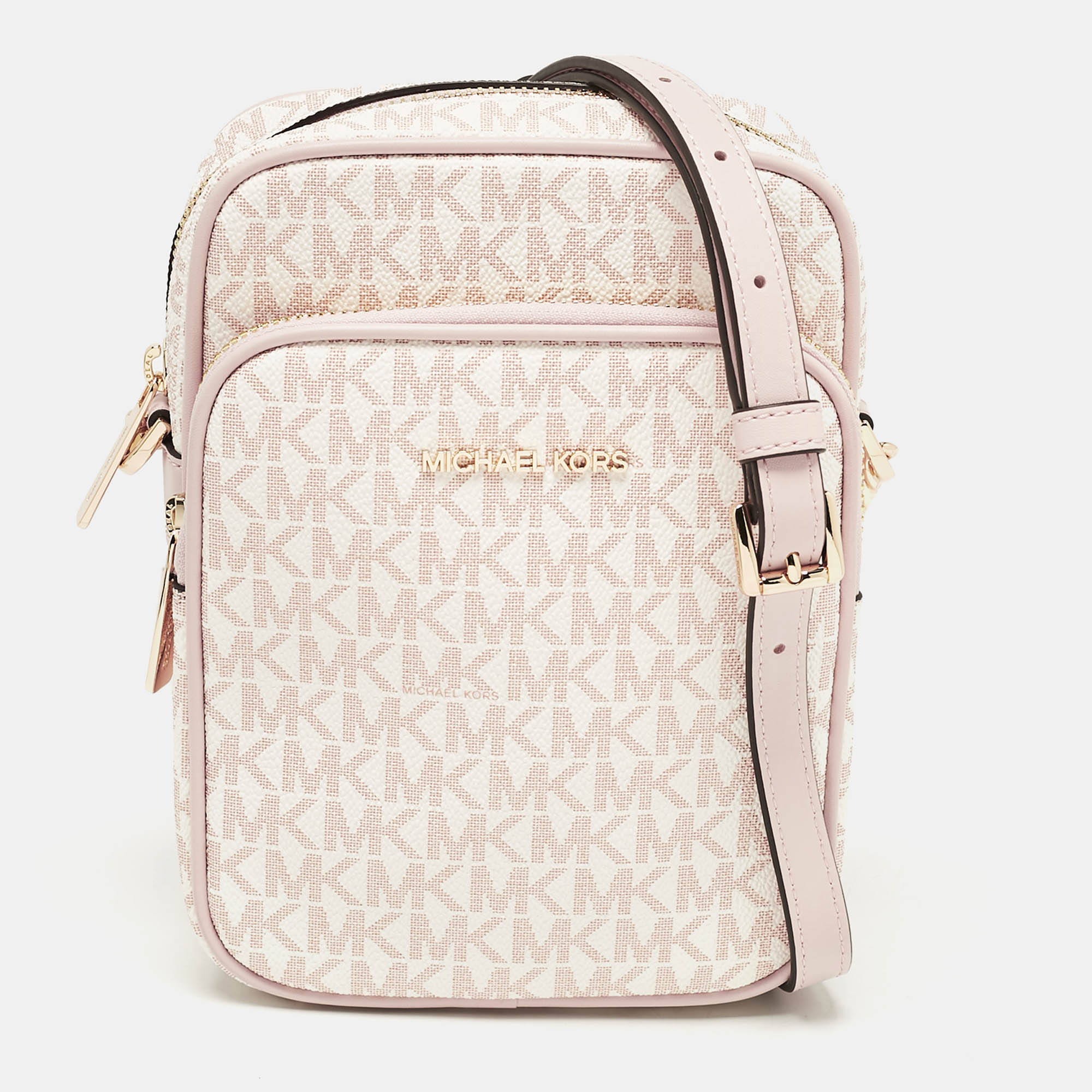 Michael Kors Pink/White Signature Coated Canvas Medium Jet Set Crossbody Bag