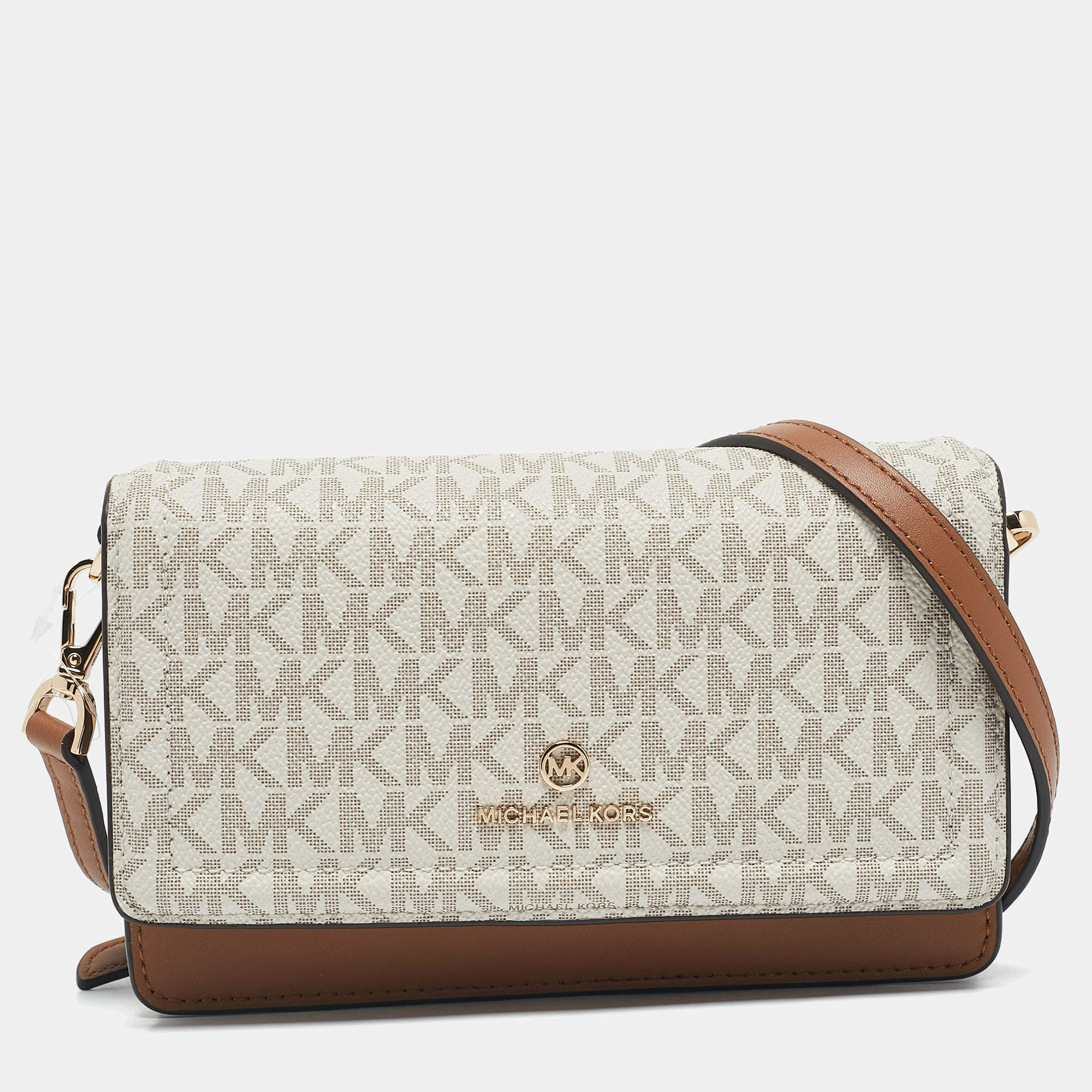 Michael Kors White/Brown Signature Coated Canvas and Leather Jet Set Phone Crossbody Bag