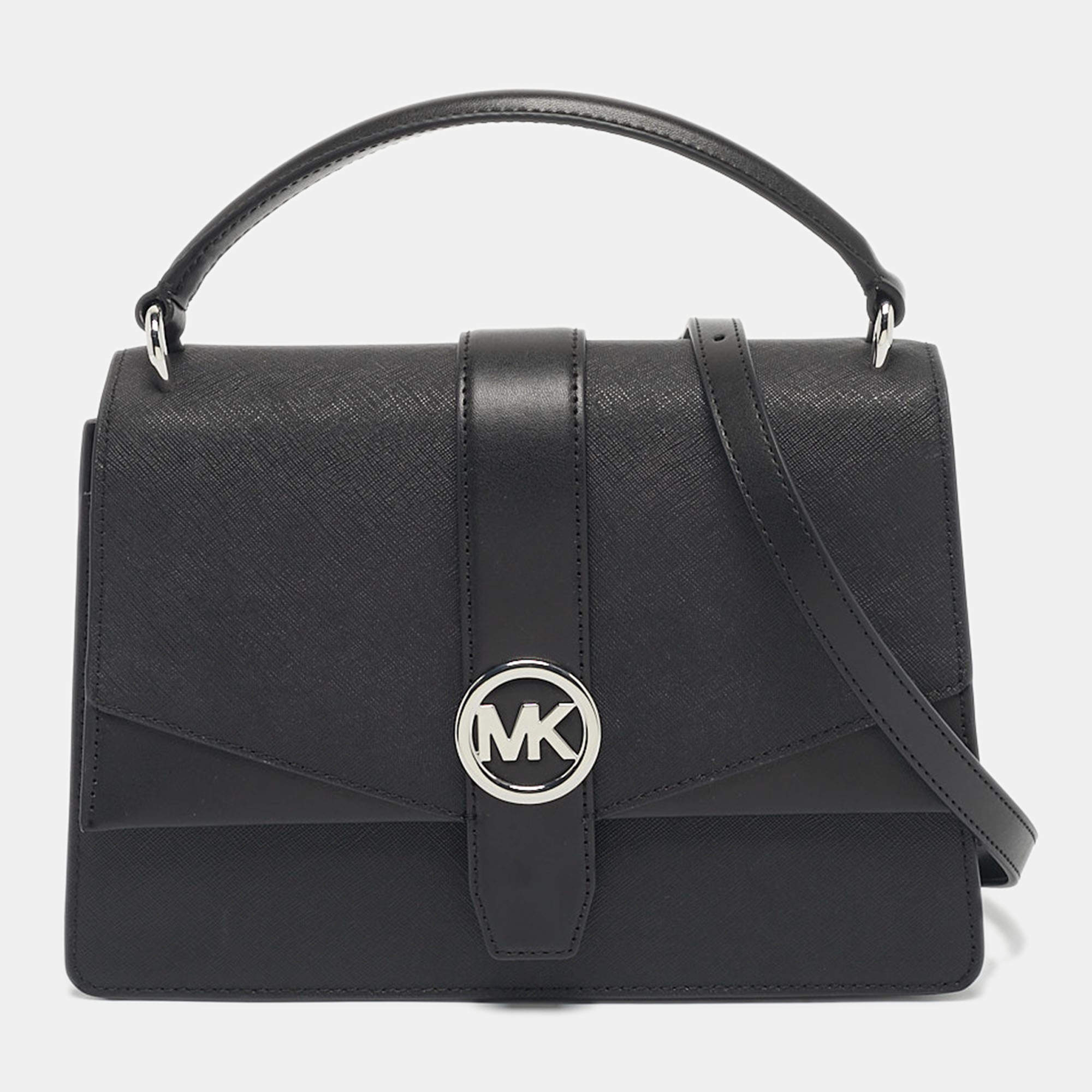 Pre Owned Michael Kors Black Leather Medium Greenwich Top Handle Bag