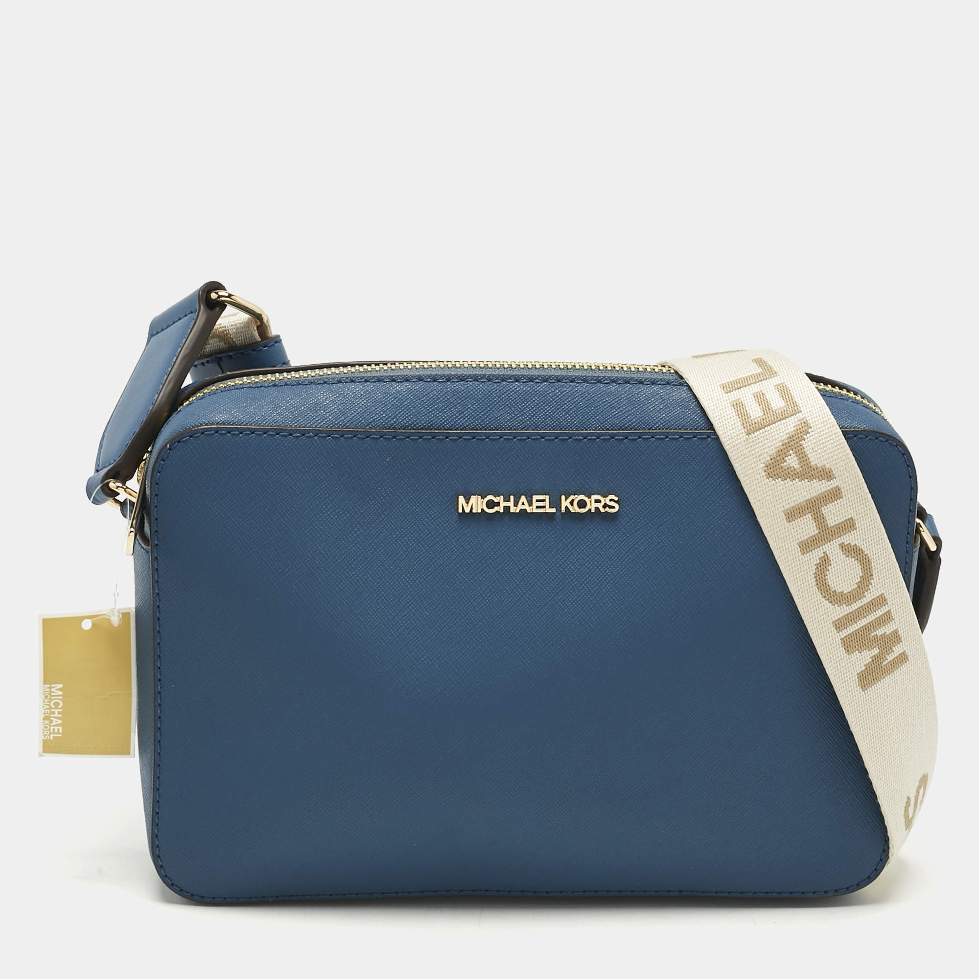 Pre Owned Michael Kors Blue Leather Large East West Jet Set Crossbody Bag