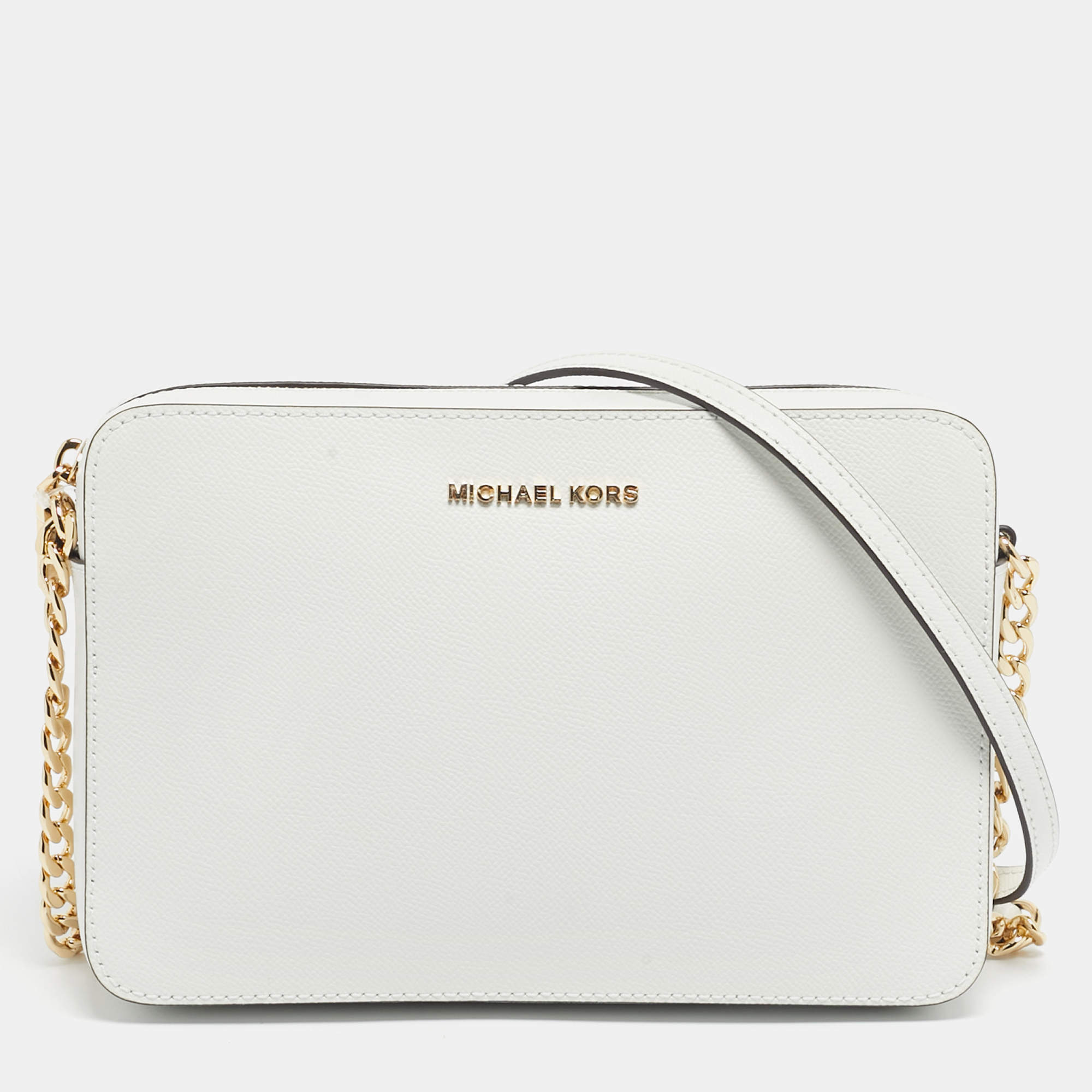 Pre Owned Michael Kors White Leather Large East West Jet Set Crossbody Bag