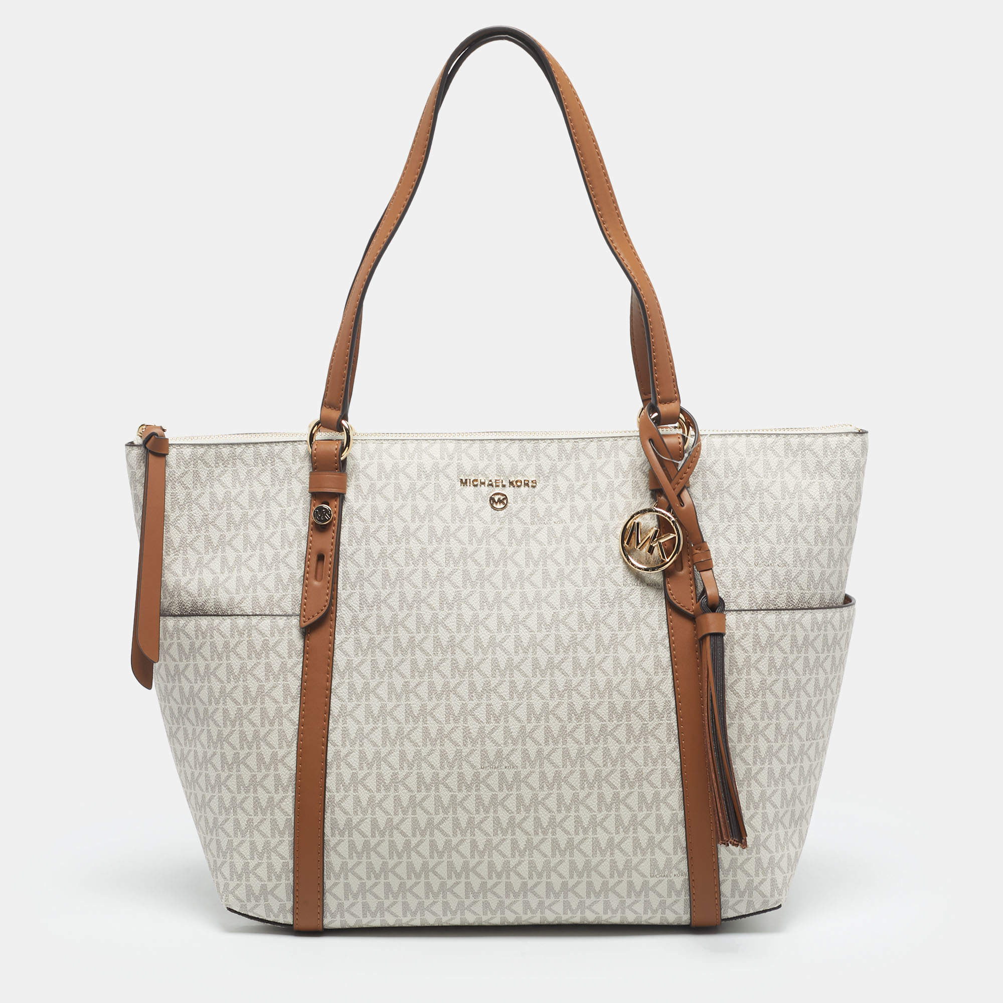 Pre Owned Michael Kors Vanilla/Brown Signature Coated Canvas Large Sullivan Tote