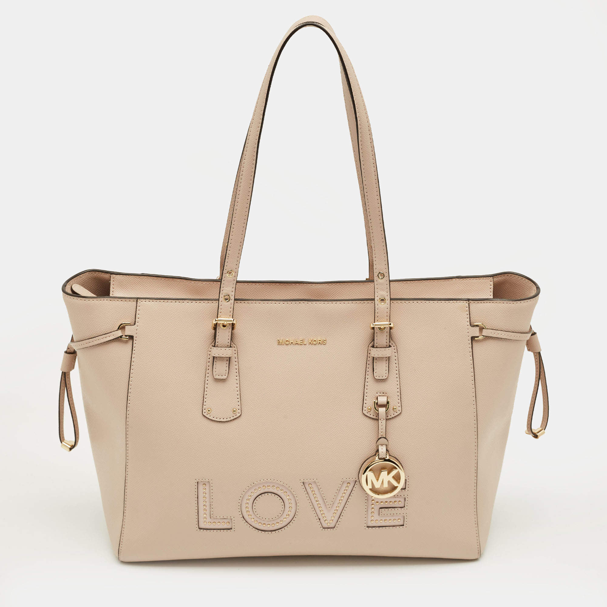 Pre Owned Michael Kors Pink Leather Large Voyager Shopper Tote