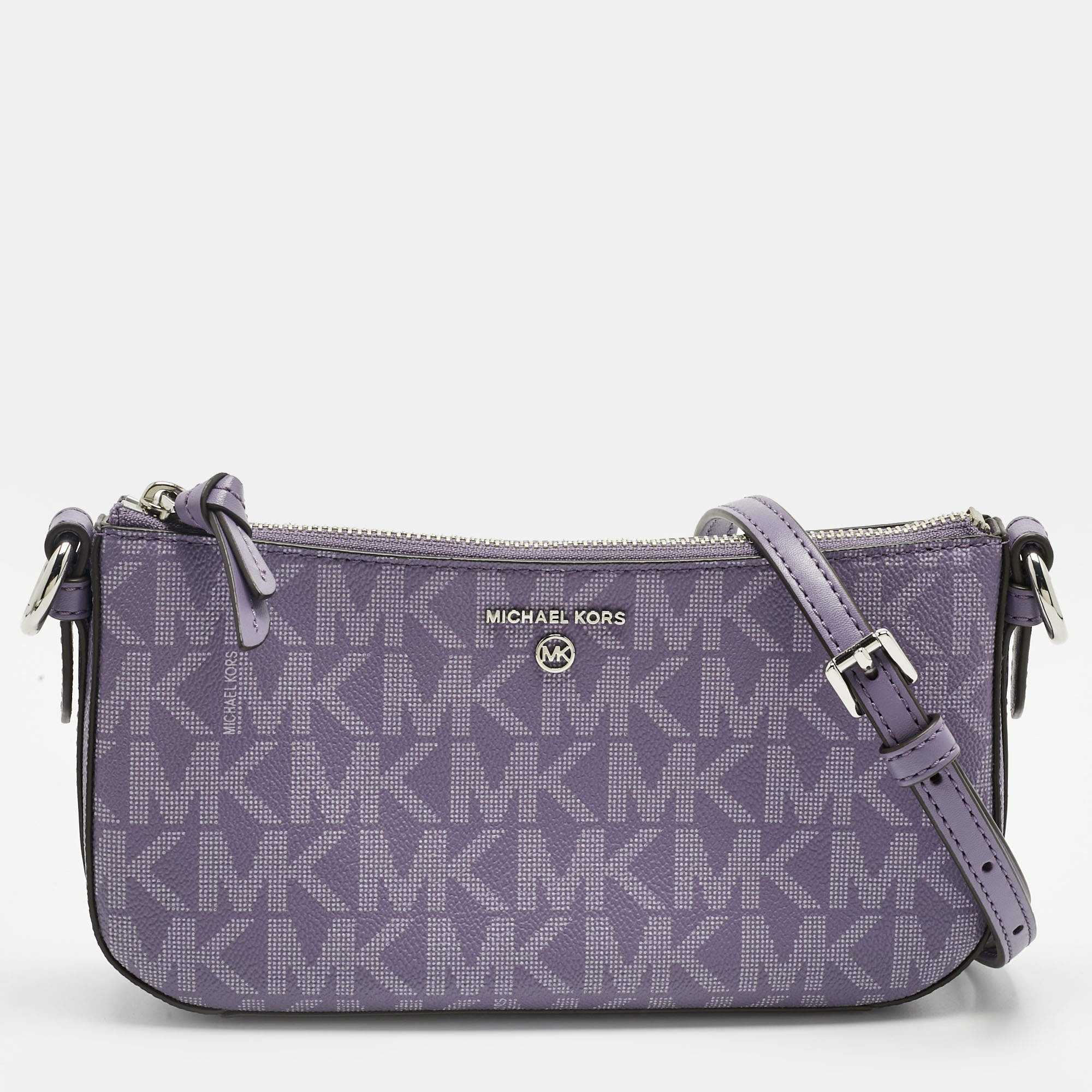 Pre Owned Michael Kors Lilac Signature Coated Canvas and Leather Jet Set Charm Crossbody Bag