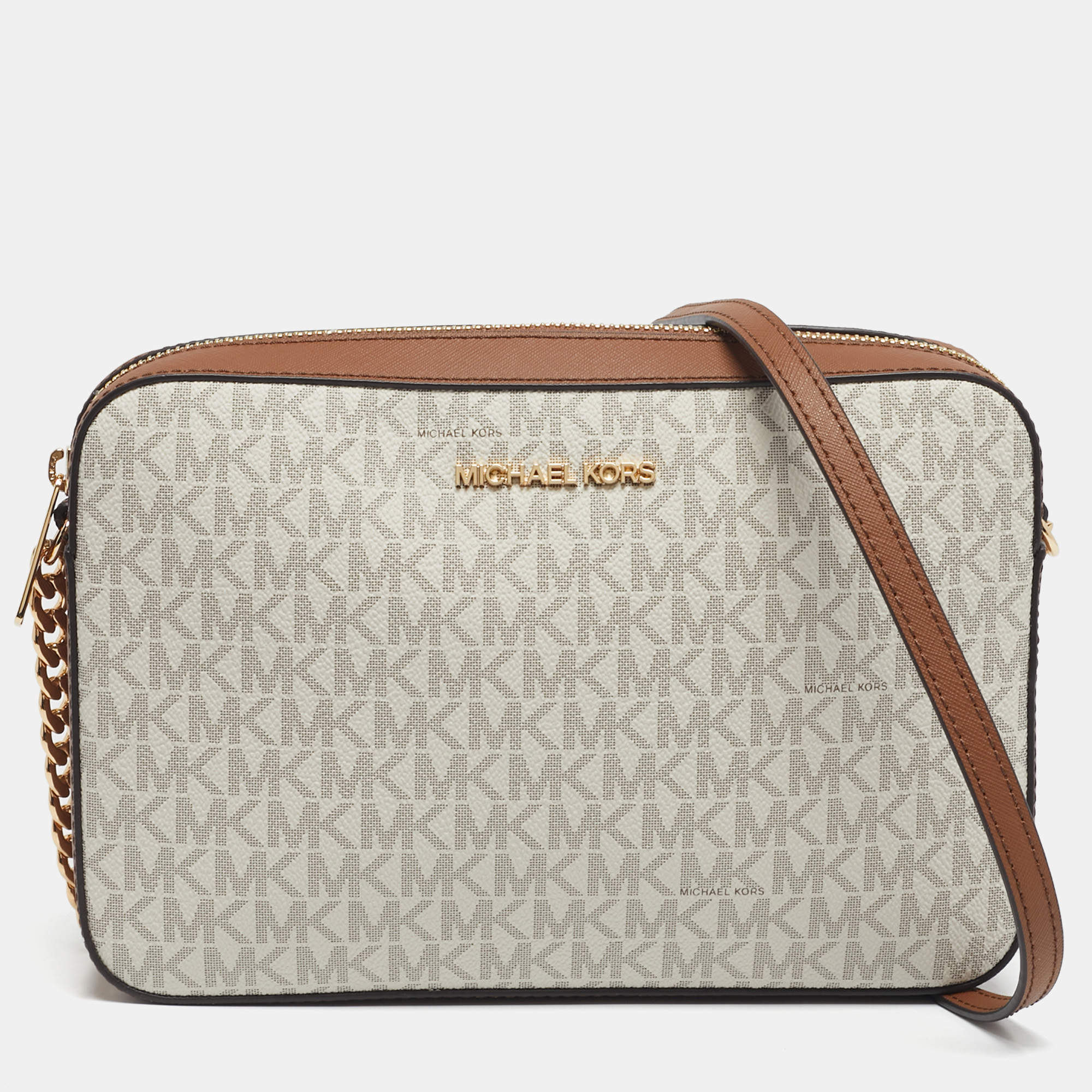 Pre Owned Michael Kors White/Brown Signature Coated Canvas and Leather Large East West Jet Set Crossbody Bag