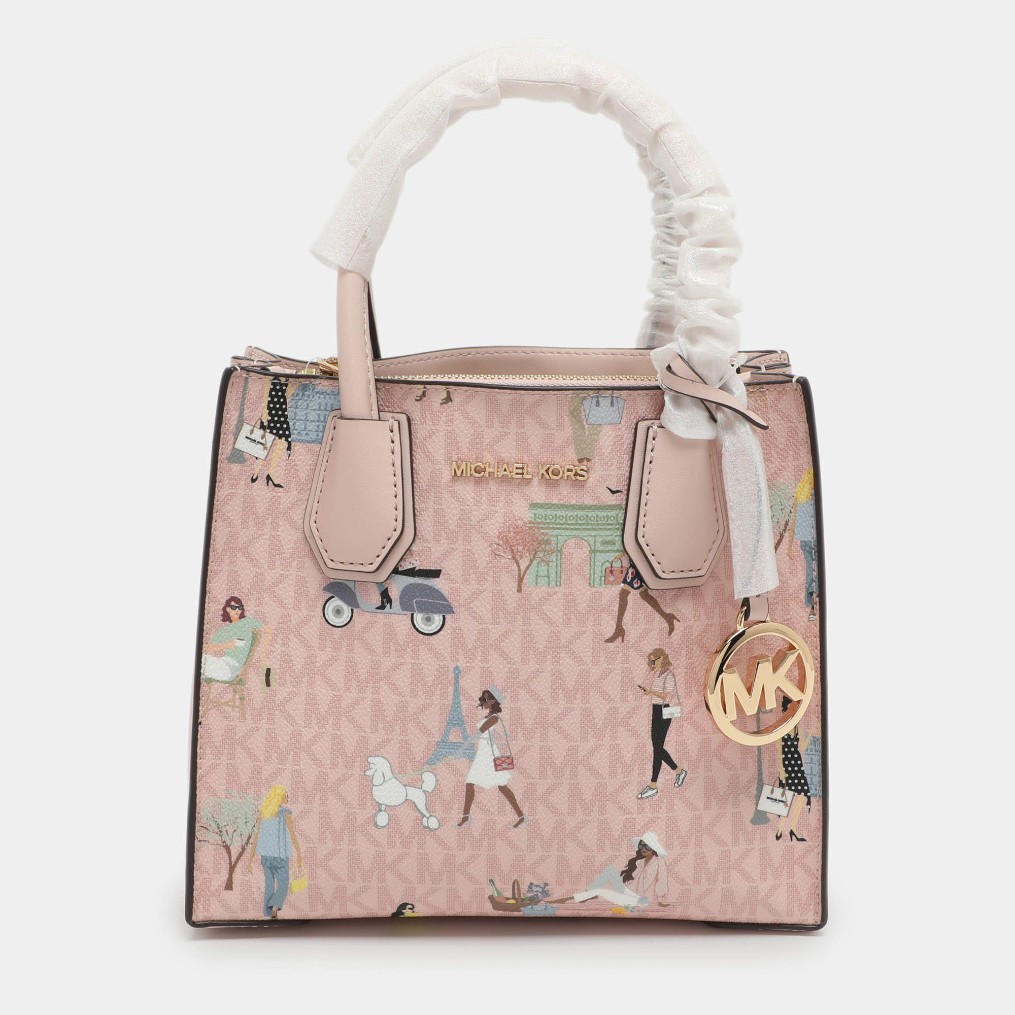 Pre Owned Michael Kors Mercer Medium Light Pink/Beige Signature Coated Canvas and Leather Tote