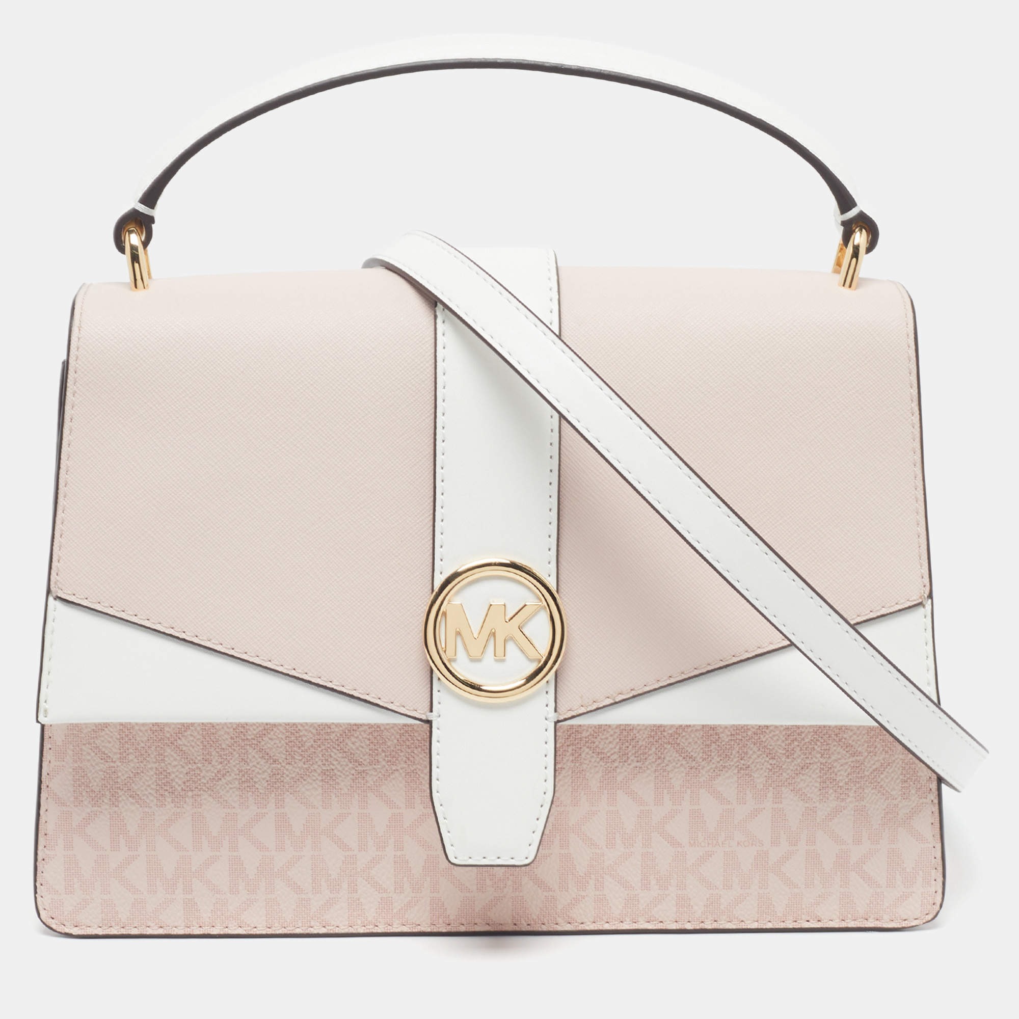 Pre Owned Michael Kors Greenwich Medium Pink/White Leather and Signature Coated Canvas Top Handle Bag