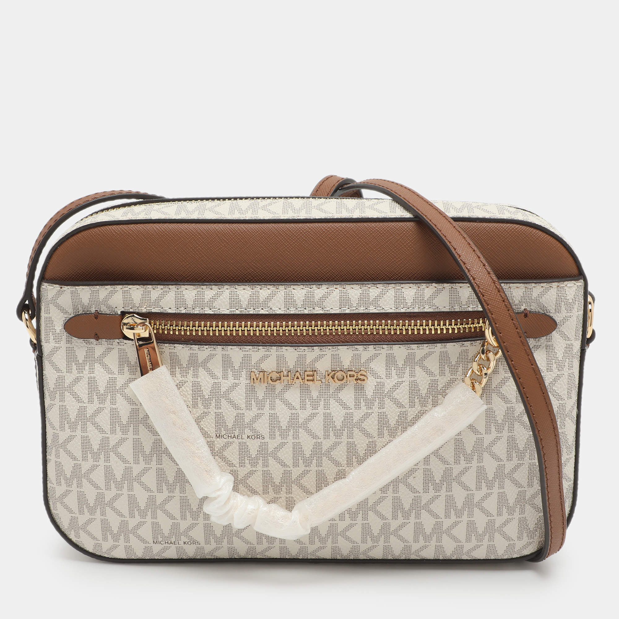 مملوكة مسبقًا Michael Kors Jet Set EW Large White Signature Coated Canvas Crossbody Bag