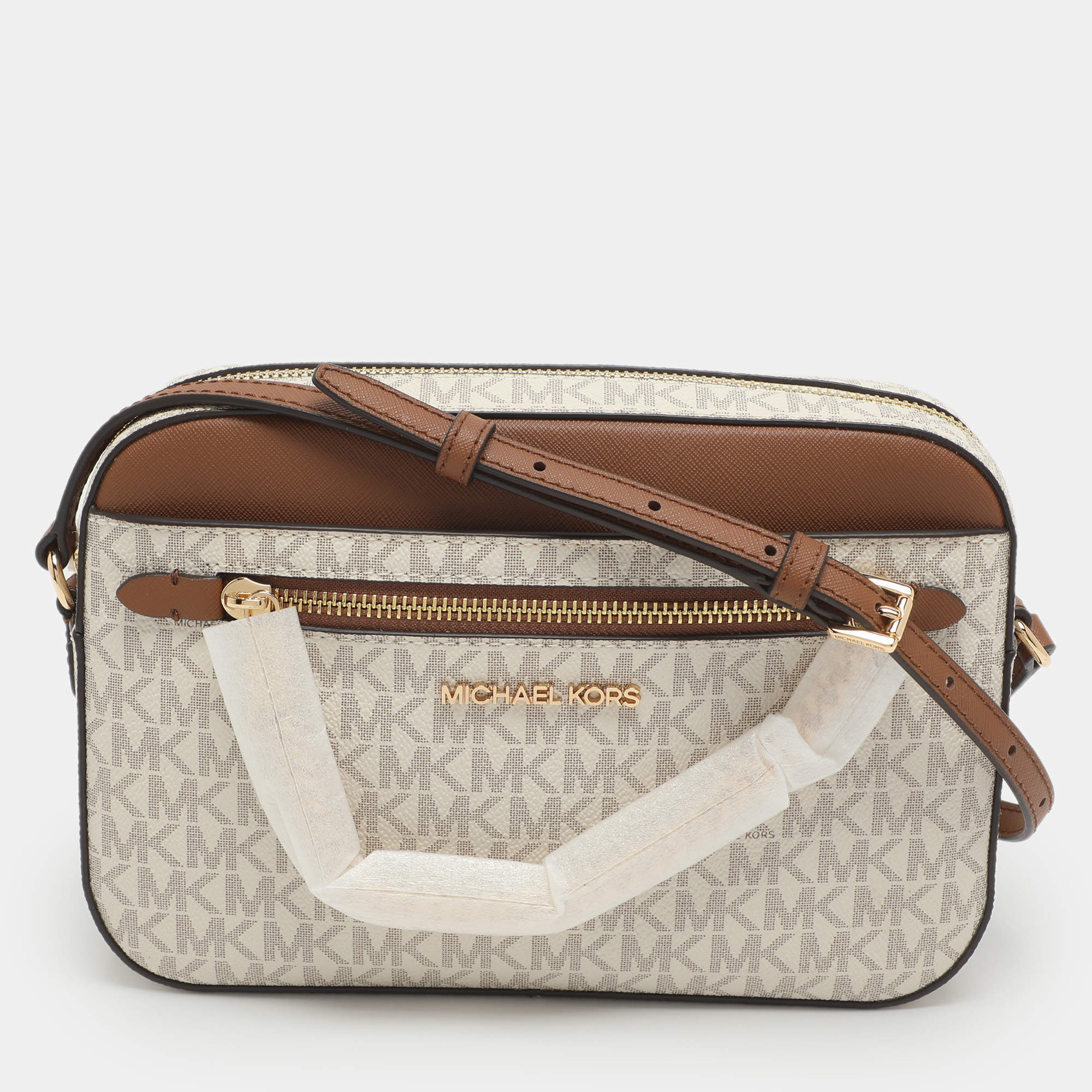مملوكة مسبقًا Michael Kors Jet Set EW Large White/Brown Signature Canvas and Leather Crossbody Bag