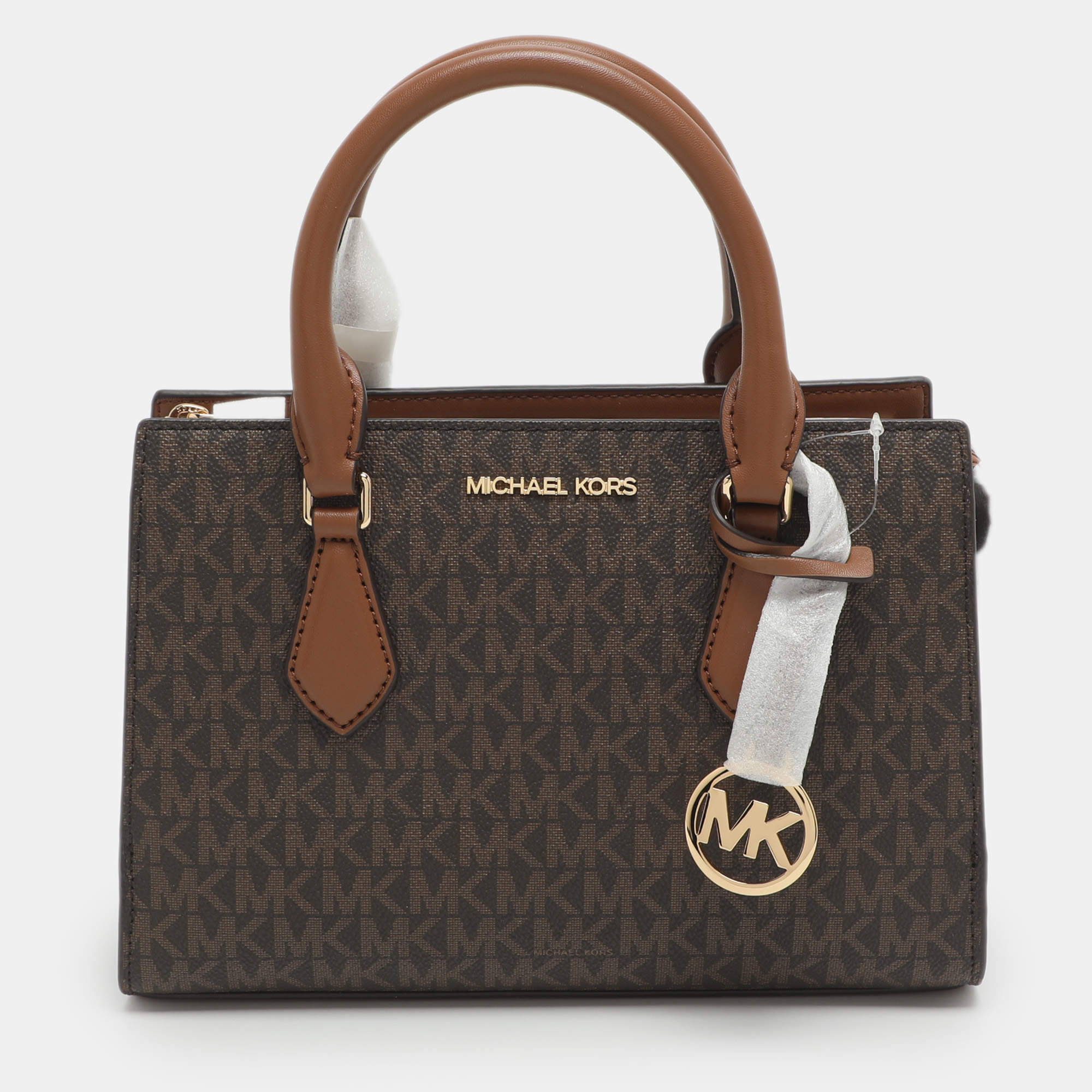 Pre Owned Michael Kors Sheila Small Brown Signautre Coated Canvas and Leather Satchel
