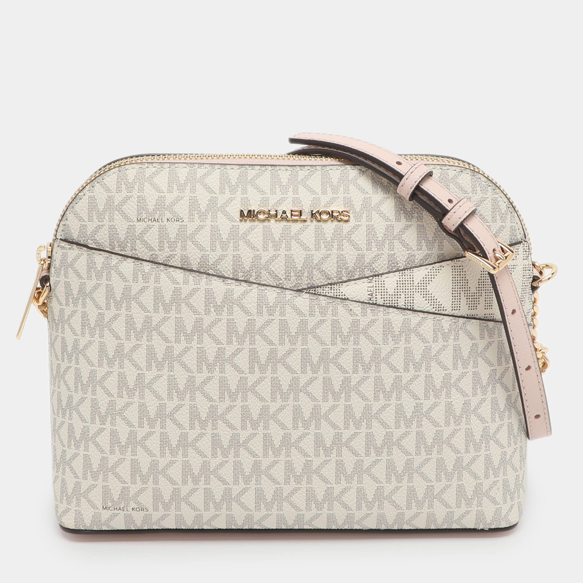 Pre Owned Michael Kors Jet Set Travel Medium White/Blush Pink Signature Coated Canvas Crossbody Bag