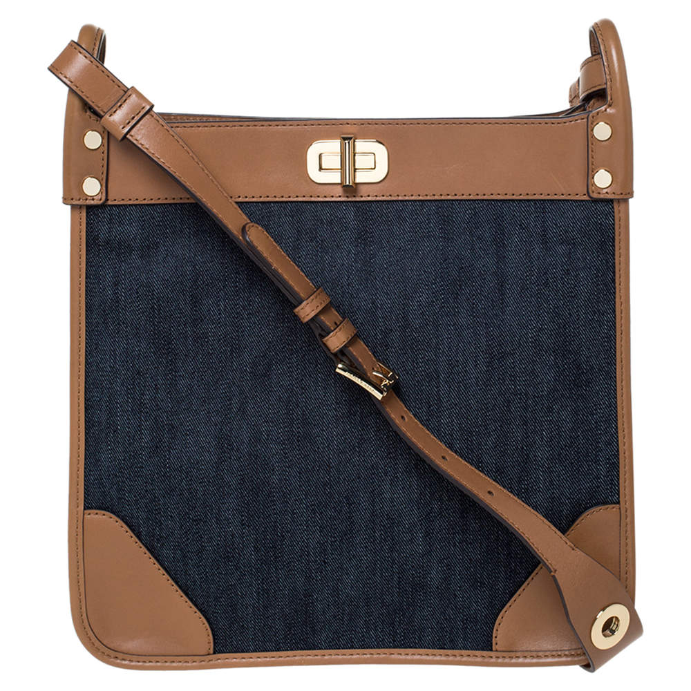 Michael Kors Blue/Brown Denim and Leather Large Sullivan Messenger Bag