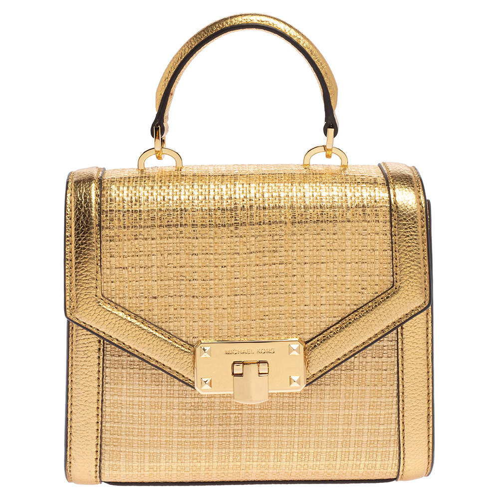 Pre Owned Michael Kors Gold Woven Straw and Leather XS Kinsley Top Handle Bag