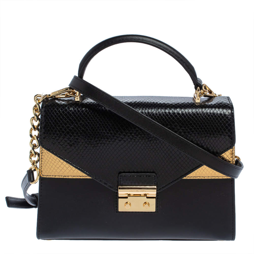 Michael Kors Black/Gold Python Embossed and Leather Sloan Top Handle Bag