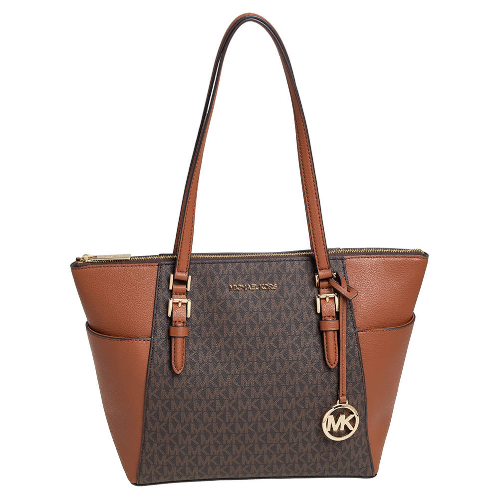 Michael Kors Brown/Tan Signature Coated Canvas and Leather Charlotte Top  Zip Tote Michael Kors