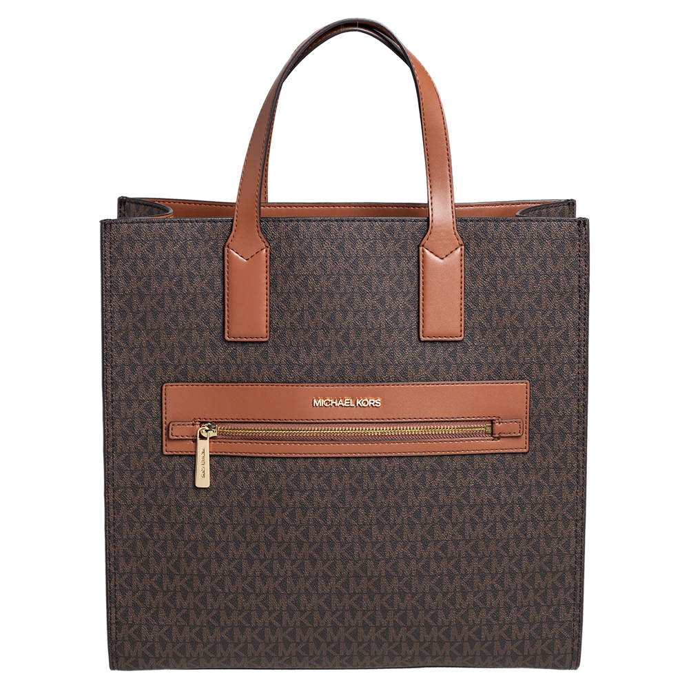 Michael Kors Brown/Tan Signature Coated Canvas and Leather Kenly Shopper  Tote Michael Kors