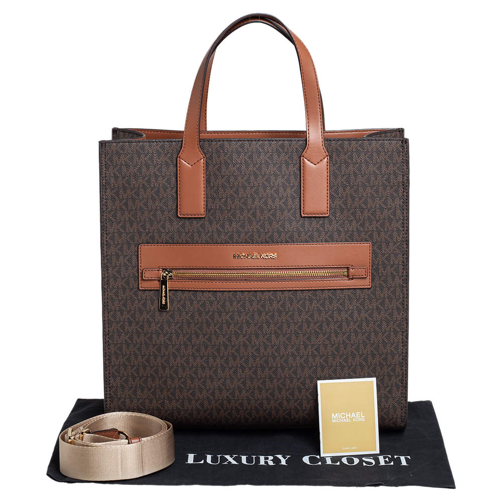 Michael Kors Brown/Tan Signature Coated Canvas and Leather Kenly Shopper  Tote Michael Kors | The Luxury Closet