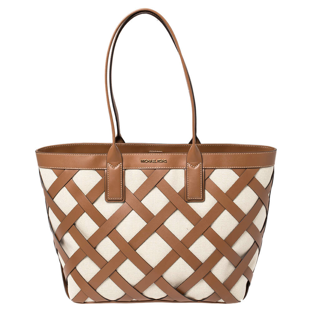 Pre Owned حقيبة يد توتس مايكل كورس شوبر كانفاس وجلد بيج/ بني فاتح كبيرة 