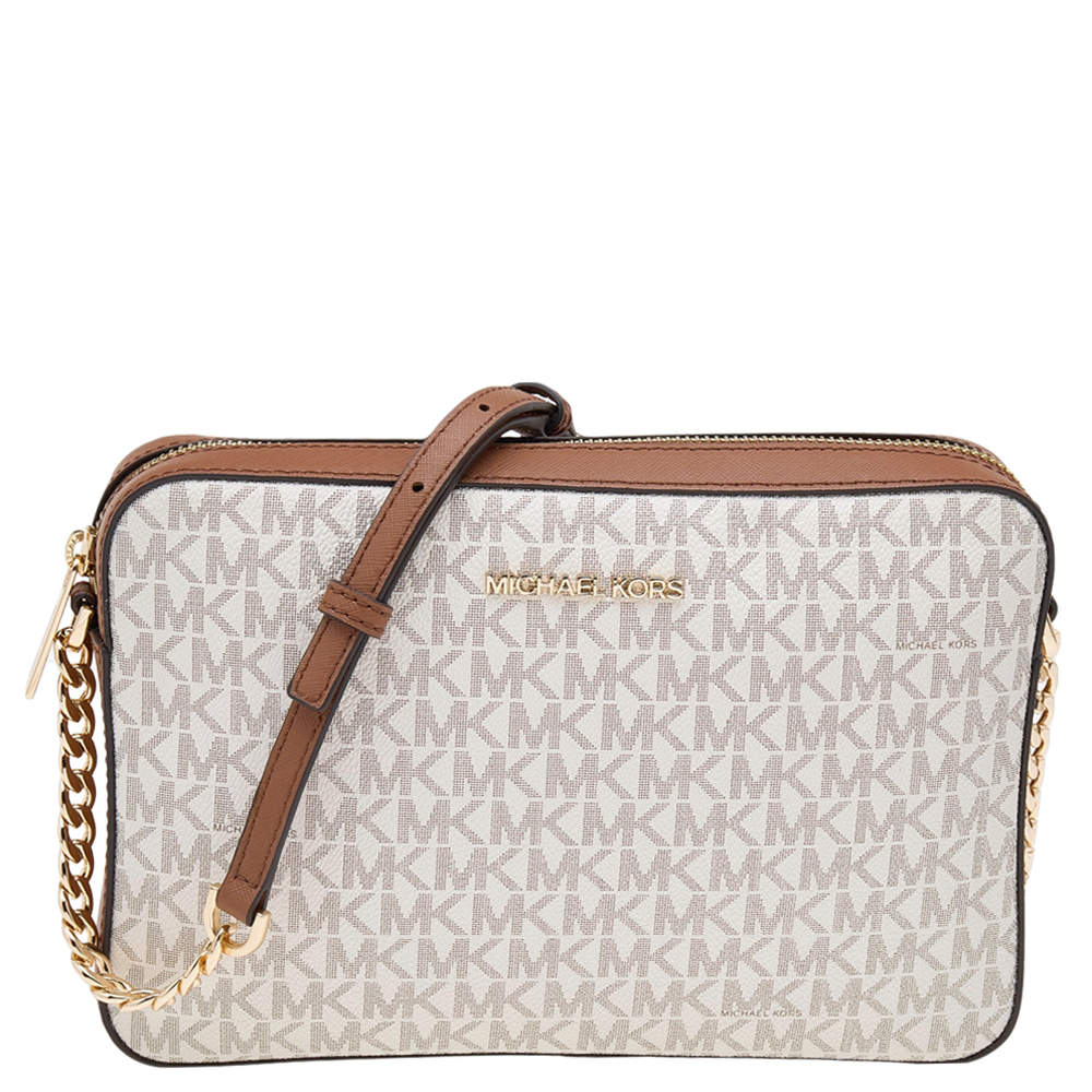 مملوكة مسبقًا حقيبة كروس مايكل كورس جيت سيت جلد وكانفاس مقوى لشعار الماركة أبيض/بني كبيرة