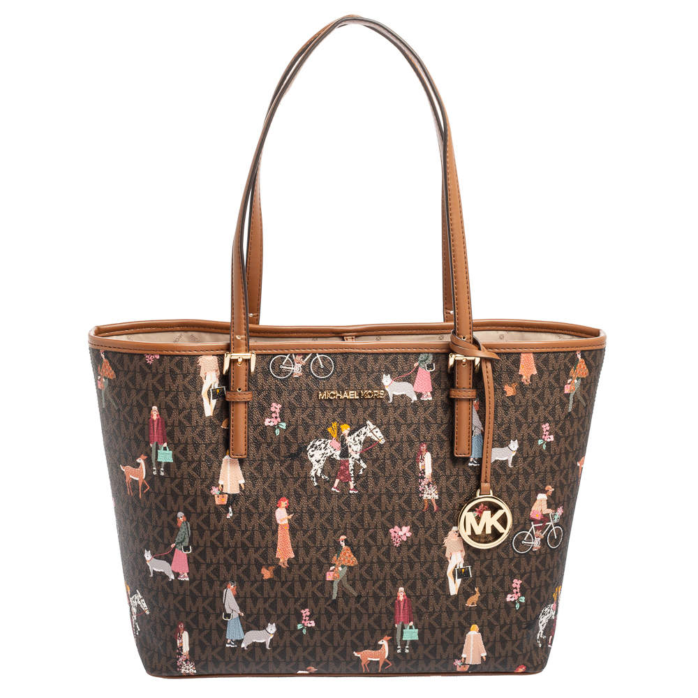 Pre Owned Michael Kors Brown Canvas And Leather Jet Set Girls Medium Carryall Tote