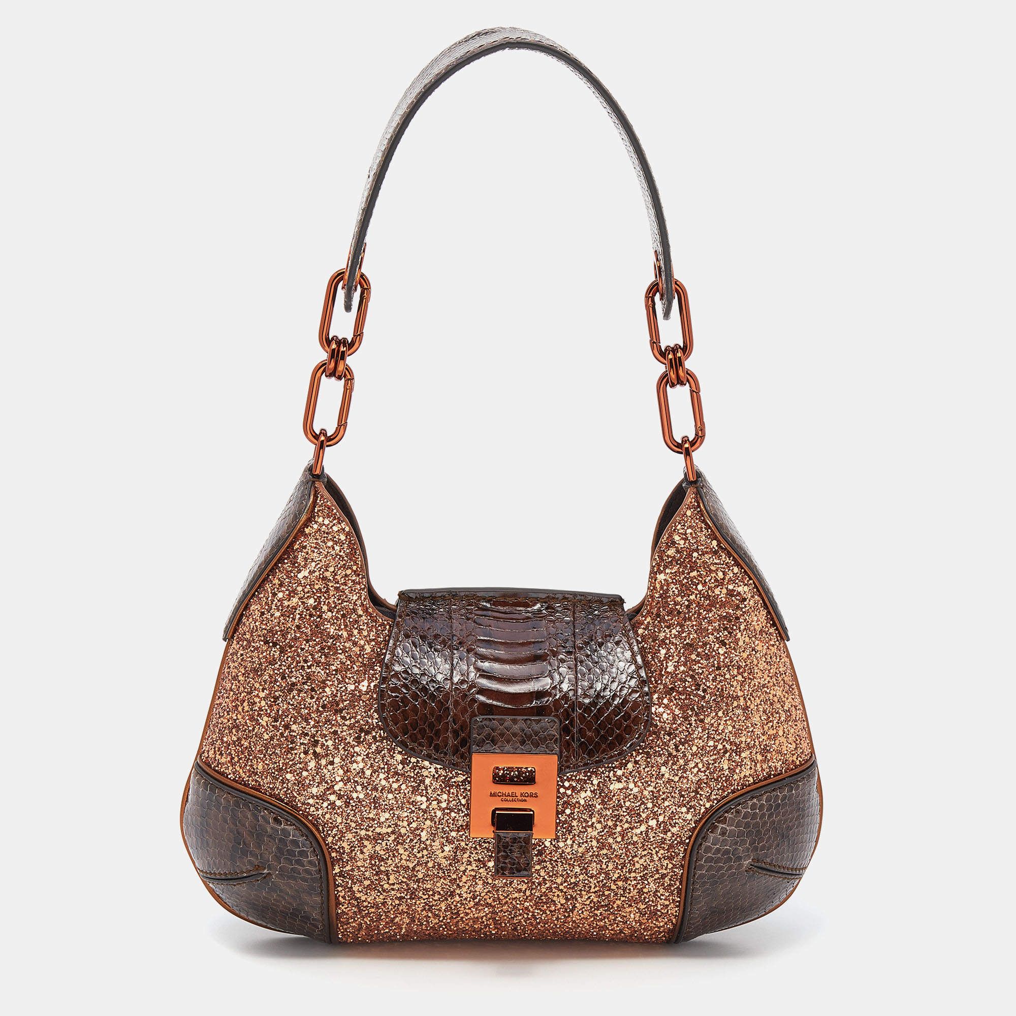 Michael Kors Collection Brown Glitter And Python Bancroft Hobo