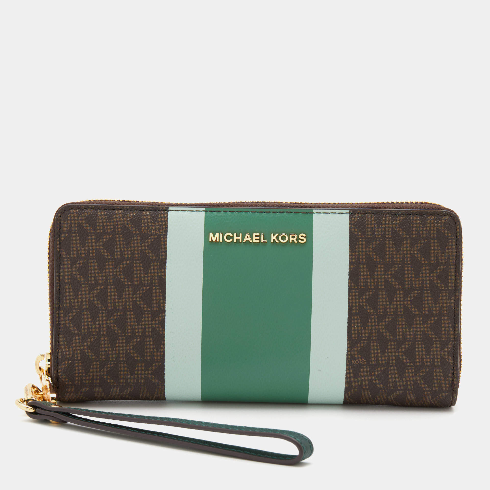 Pre Owned Michael Kors Multicolor Signature Coated Canvas Striped Zip Around Wallet