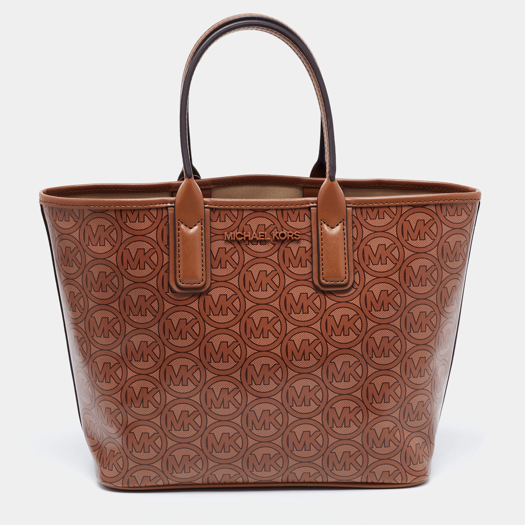 Pre Owned Michael Kors Brown Signature Coated Canvas and Leather Jodie Tote