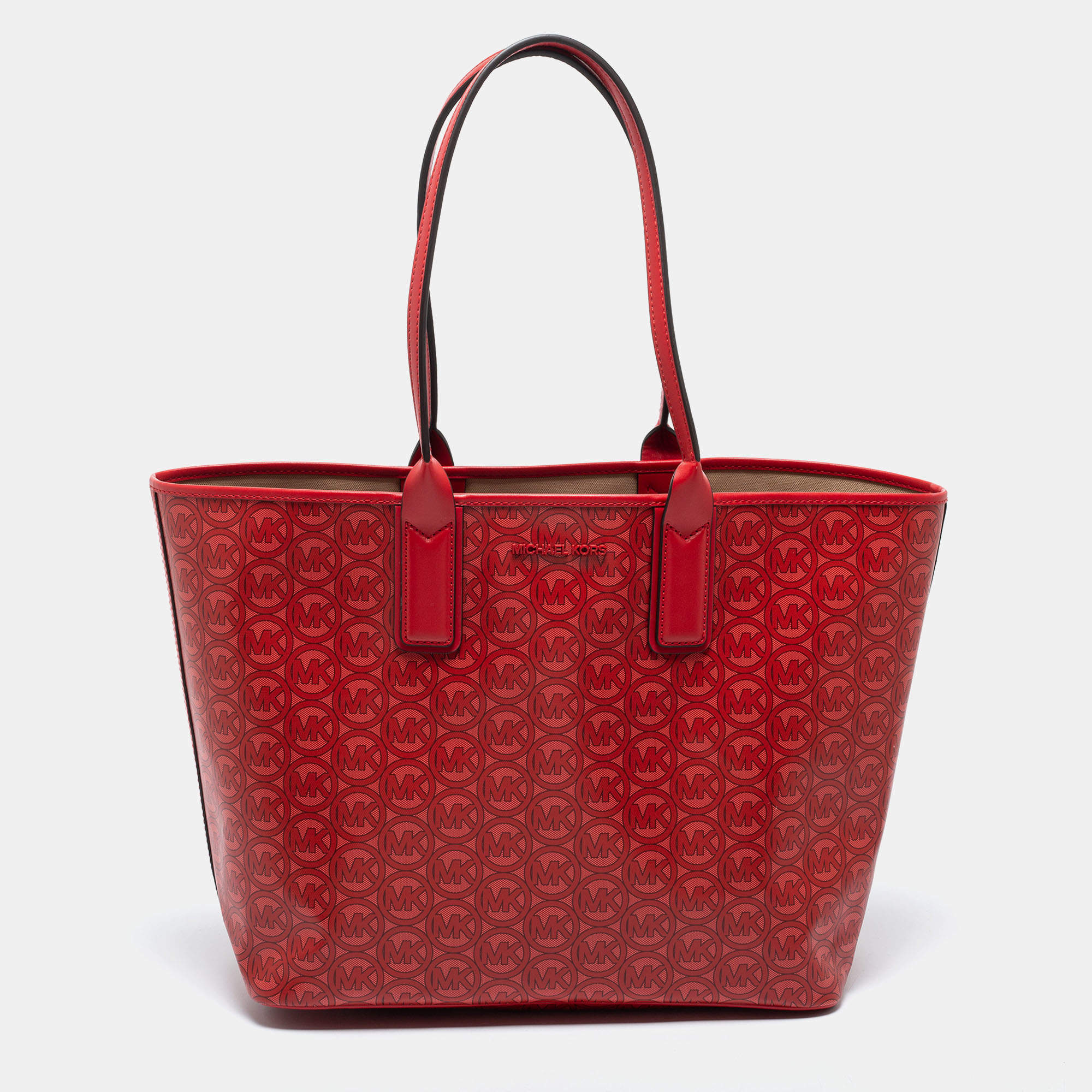 Pre Owned Michael Kors Red Signature Coated Canvas and Leather Jodie Tote