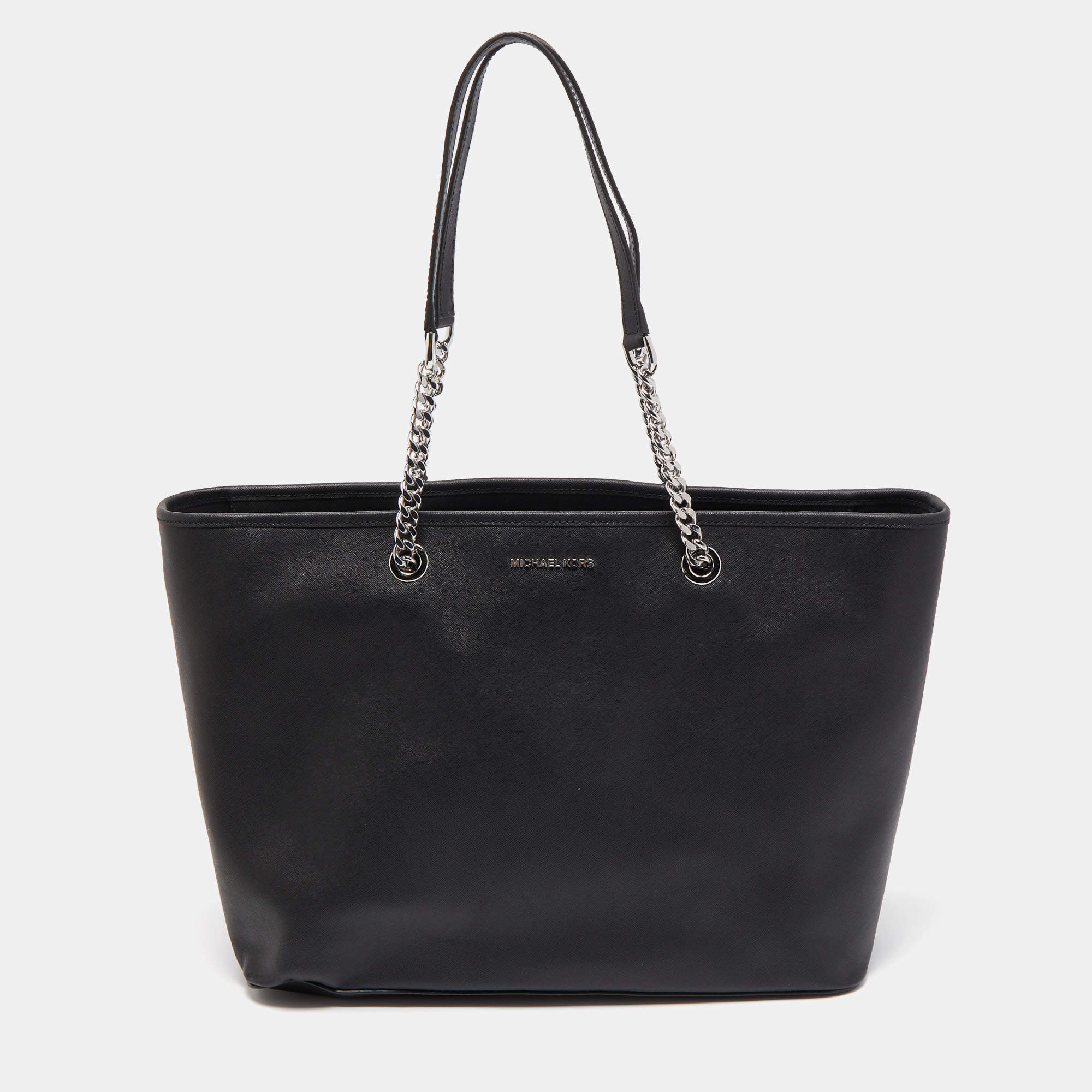 Pre Owned Michael Kors Black Leather Medium Jet Set Travel Chain Tote