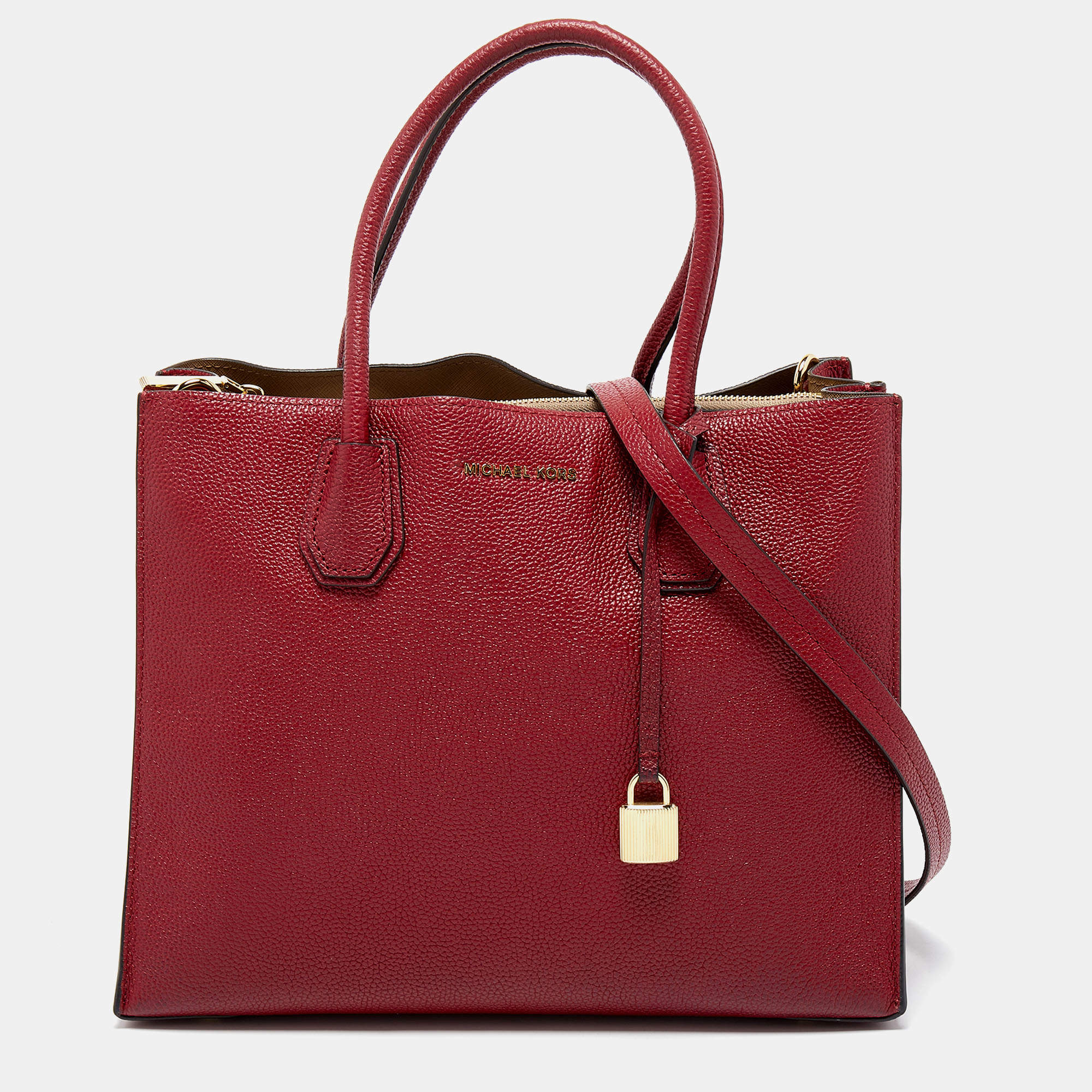 Pre Owned Michael Kors Red Grained Leather Large Mercer Tote