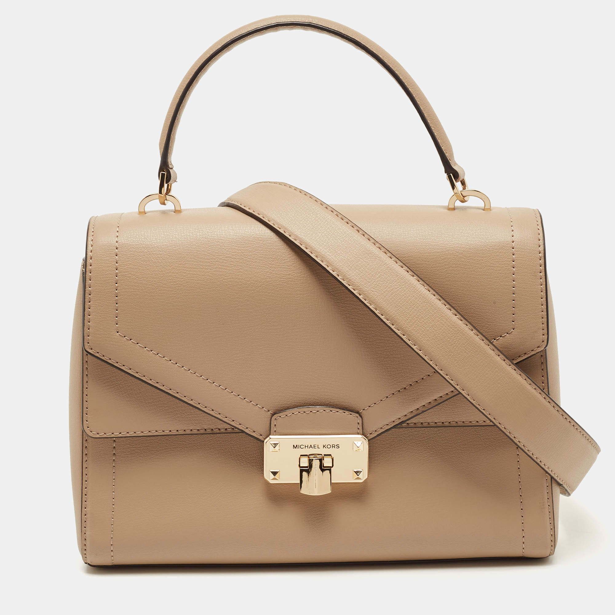 Pre Owned Michael Kors Beige Leather Medium Kinsley Top Handle Bag
