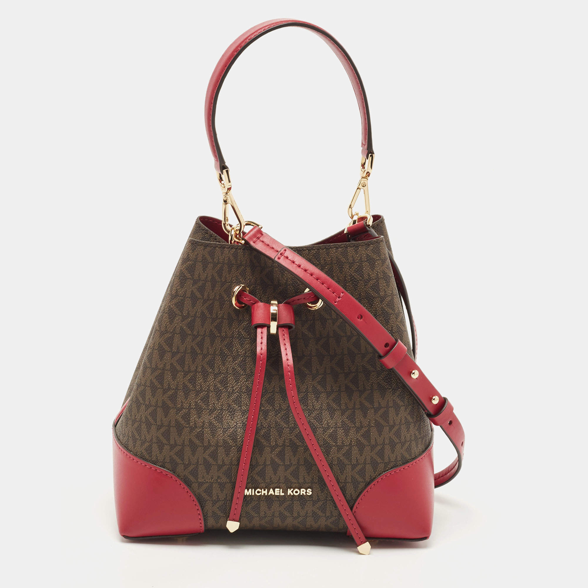 Michael Kors Magenta/Dark Brown Signature Coated Canvas and Leather Small Mercer Bucket Bag 