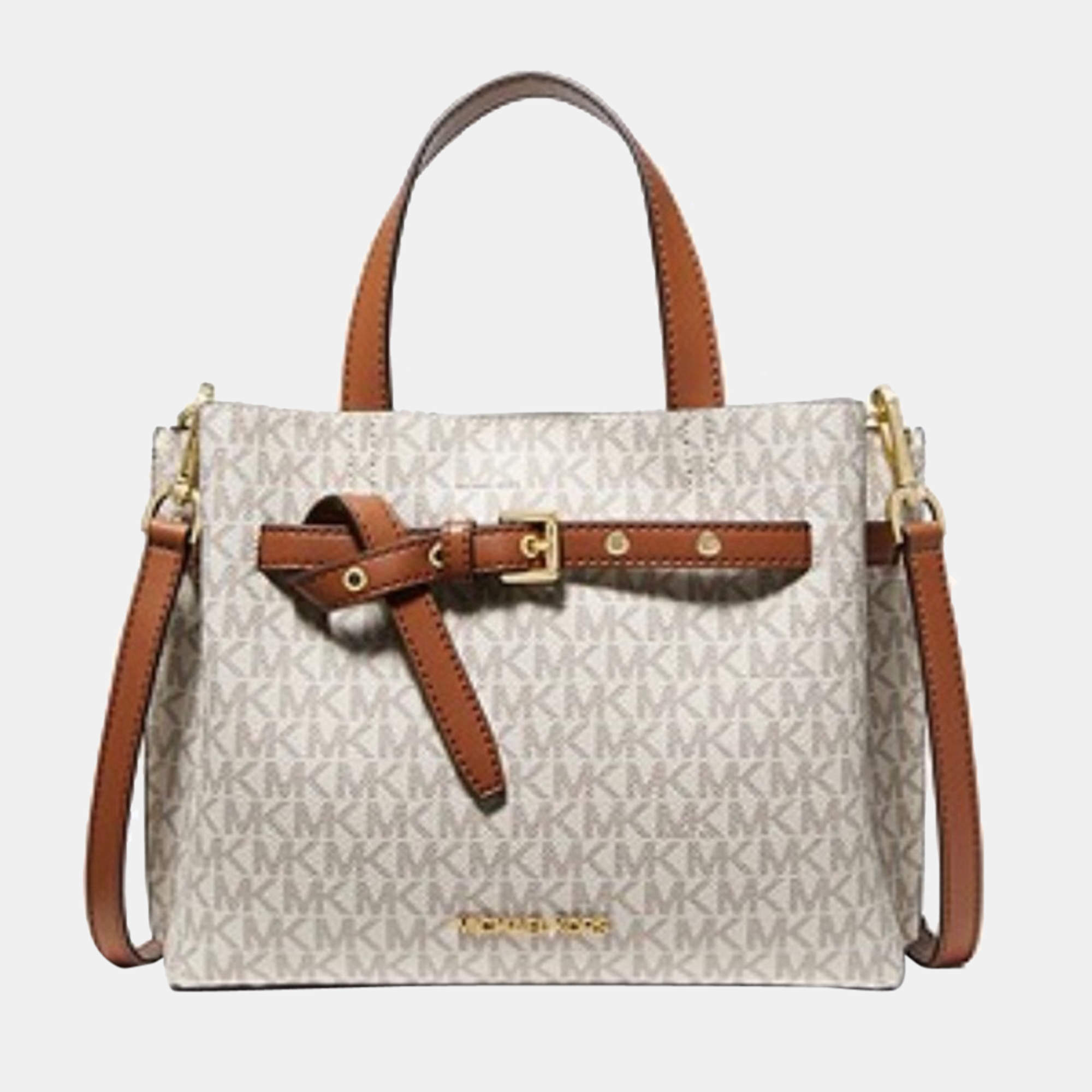 Michael Kors White/Brown Signature Coated Canvas and Leather Large