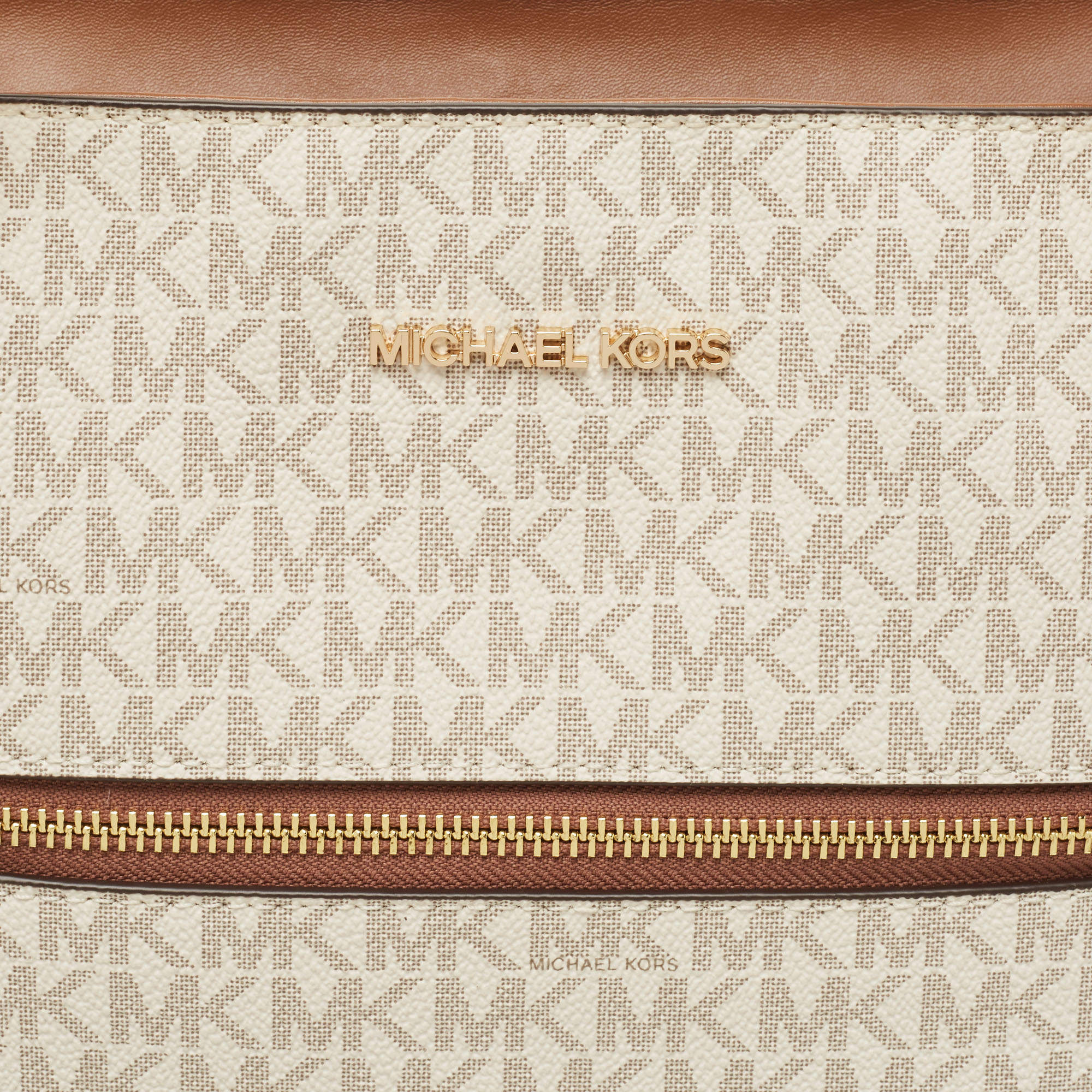 Michael Kors White/Brown Signature Coated Canvas and Leather Large Front  Zip Chain Tote Michael Kors
