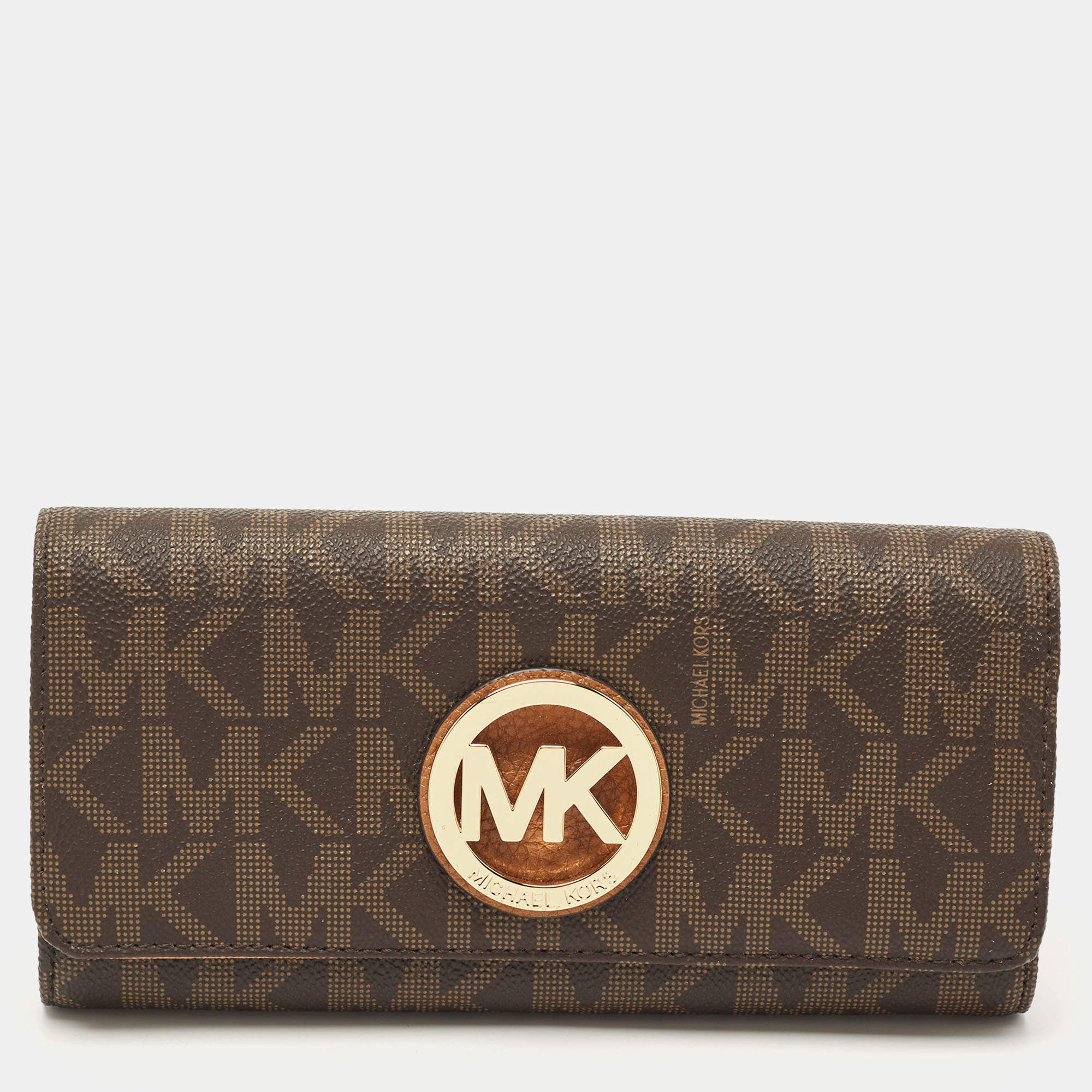 Pre Owned Michael Kors Beige/Brown Signature Coated Canvas Fulton Flap Continental Wallet