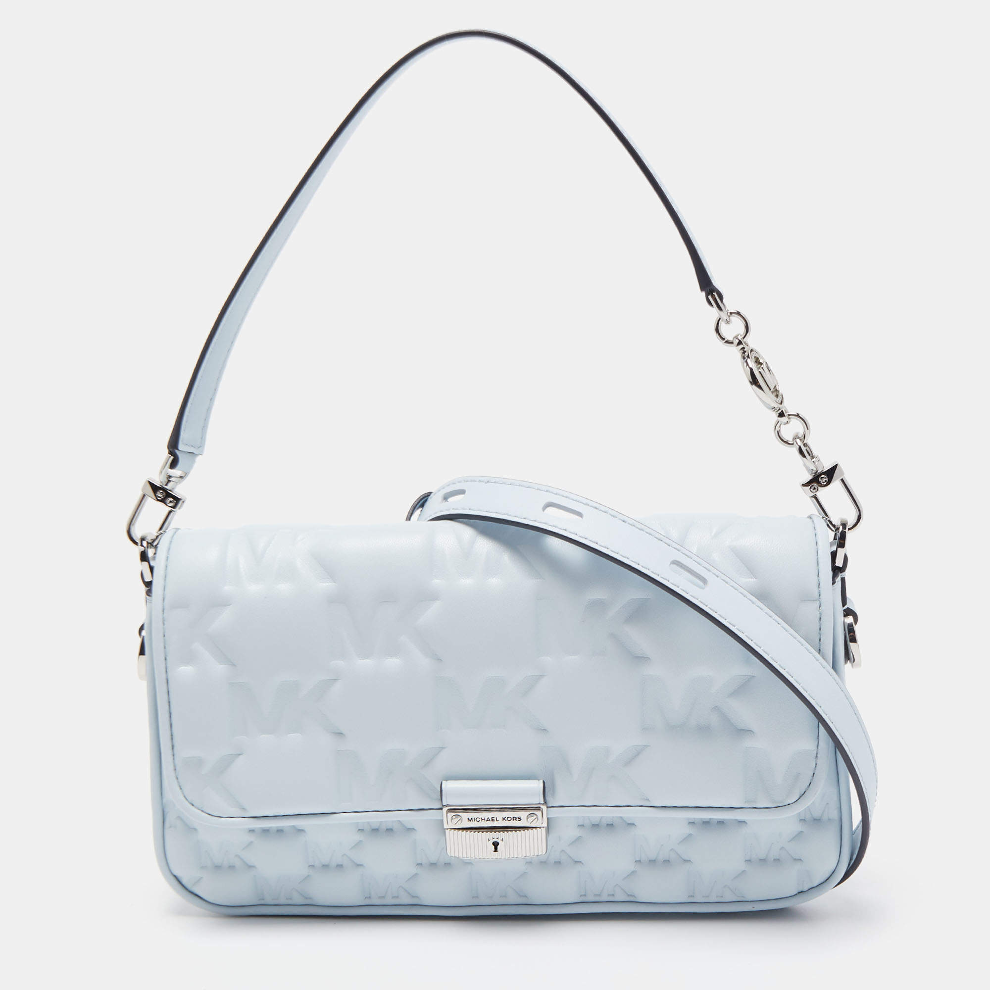 Pre Owned Michael Kors Sky Blue Signature Embossed Leather Bradshaw Convertible Shoulder Bag