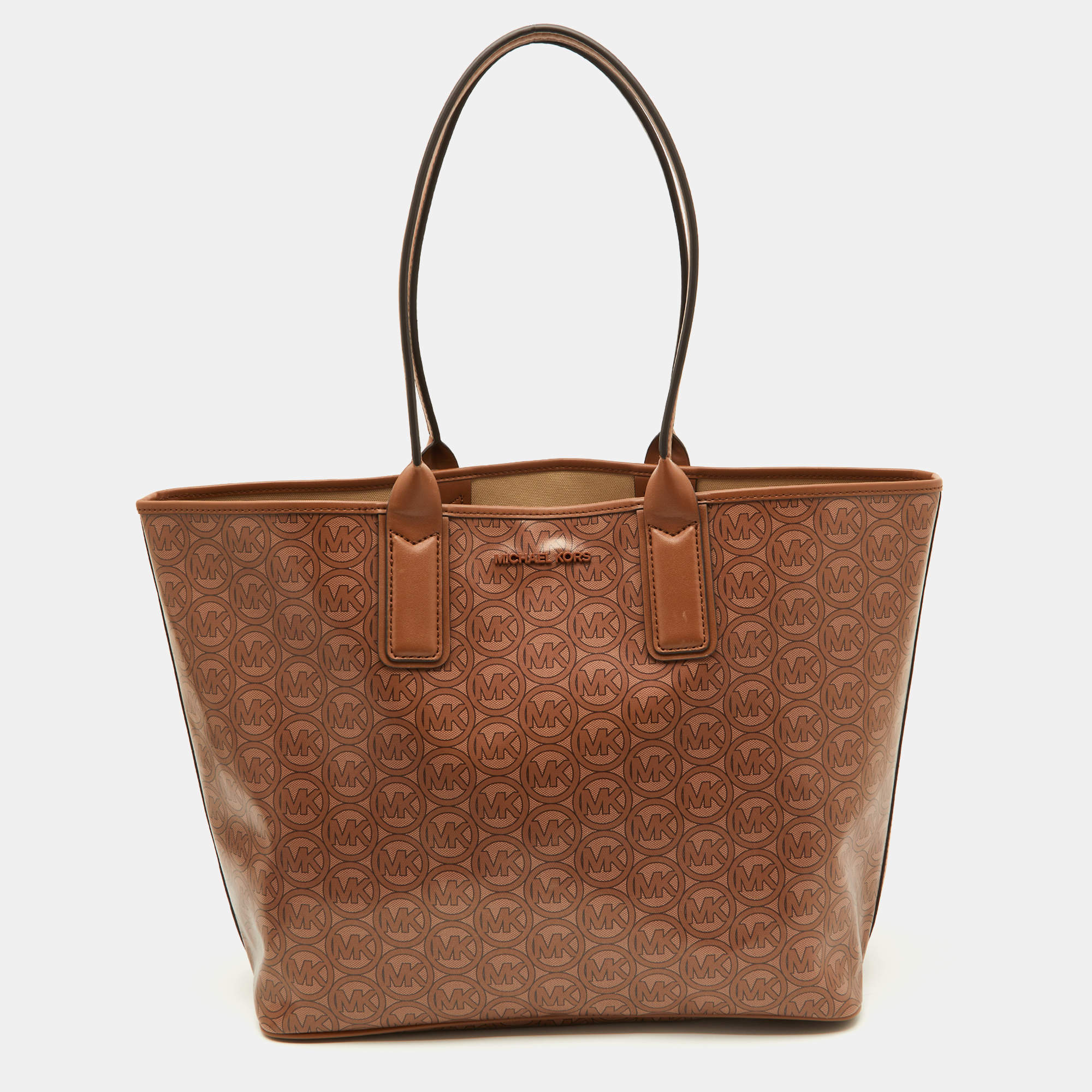 Pre Owned Michael Kors Brown Coated Canvas and Leather Jodie Shopper Tote