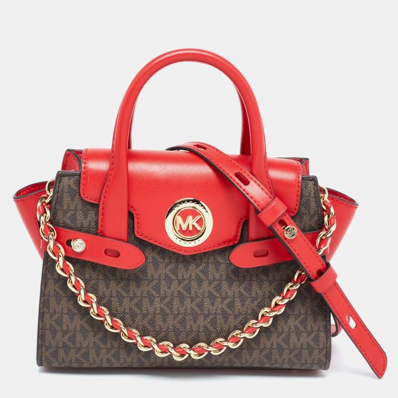 Pre Owned Michael Kors Red/Brown Signature Coated Canvas and Leather Extra Small Carmen Satchel