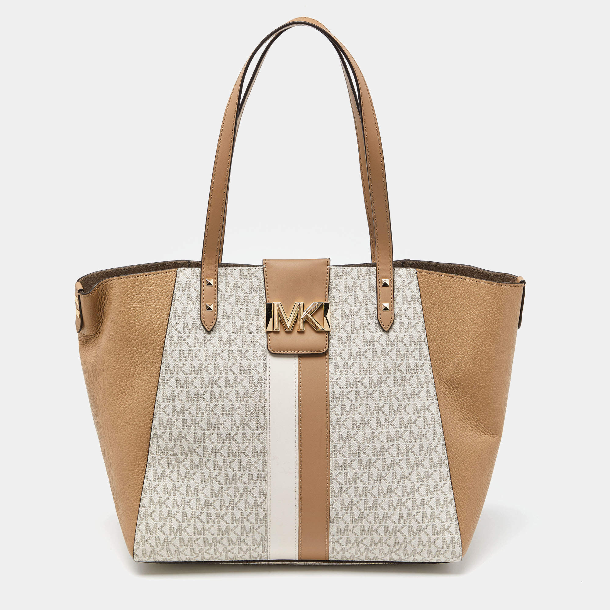 Pre Owned Michael Kors Vanilla/Tan Siganture Coated Canvas and Leather Karlie Tote