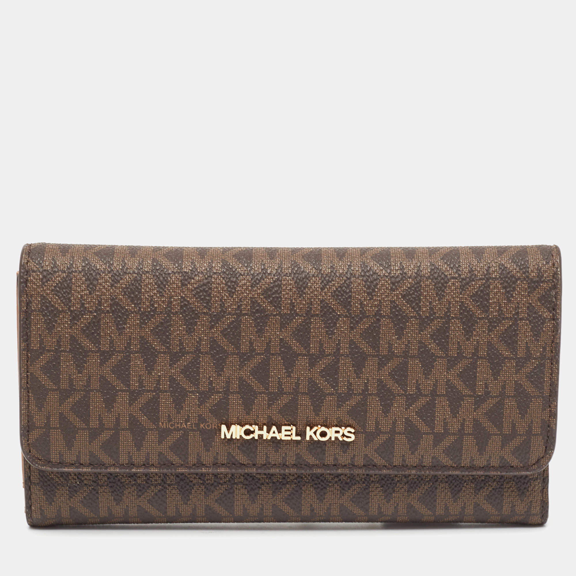 Pre Owned Michael Kors Brown Signature Coated Canvas Large Jet Set Travel Trifold Wallet
