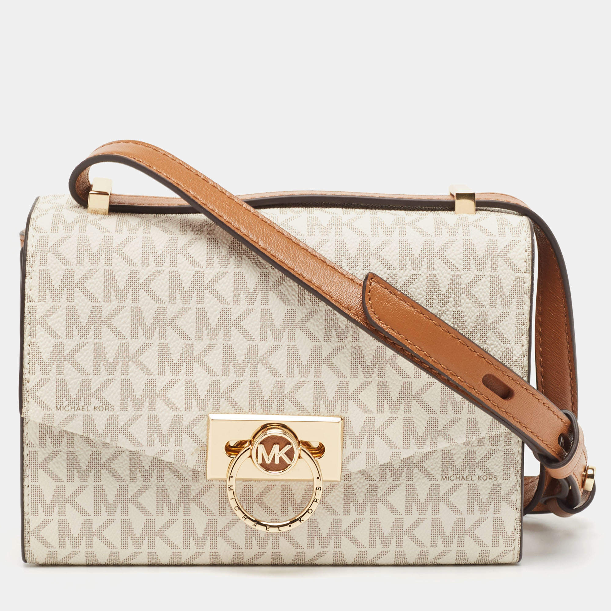 Pre Owned Michael Kors White/Brown Signature Coated Canvas and Leather XS Hendrix Crossbody Bag