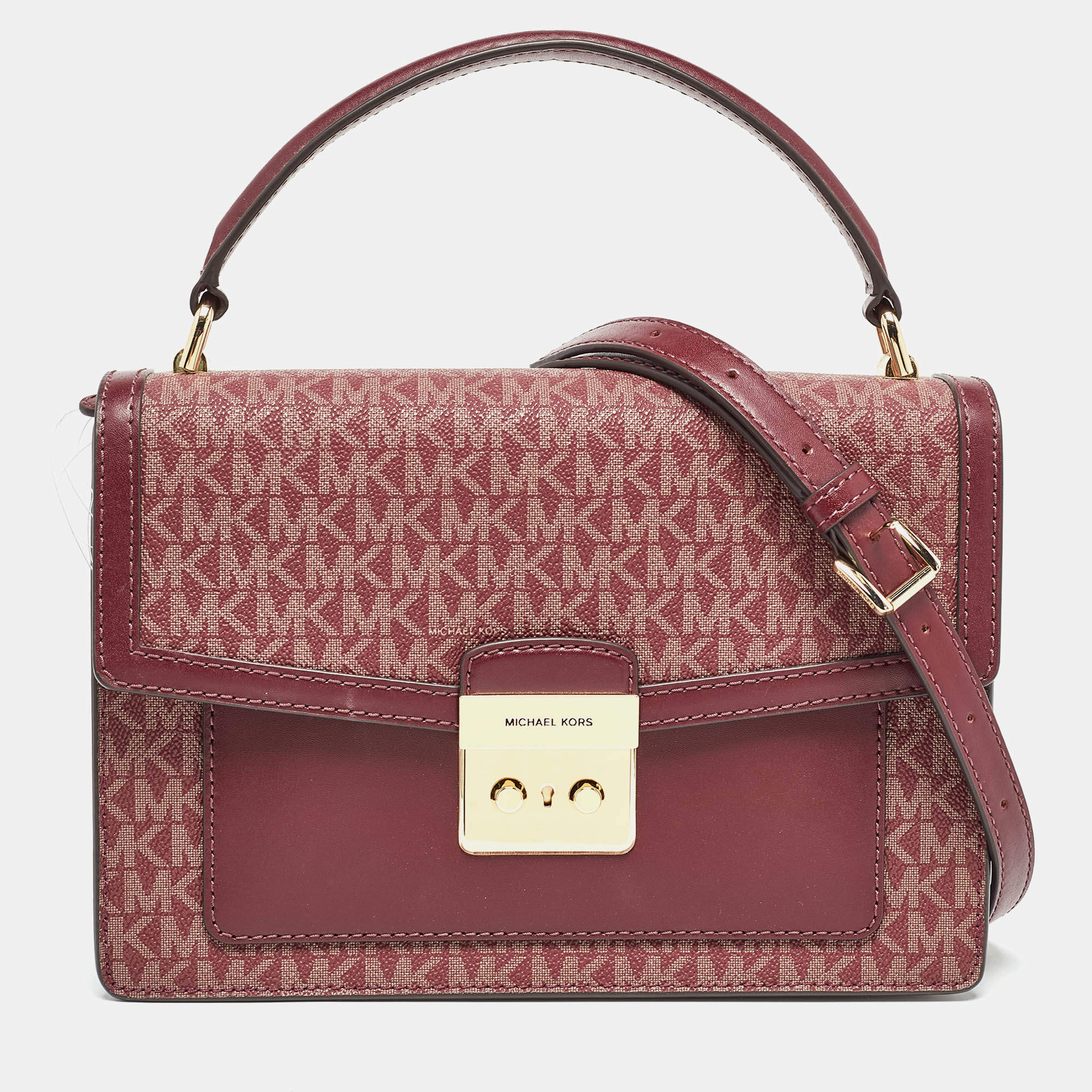 Pre Owned Michael Kors Burgundy Signature Coated Canvas Medium Johara Top Handle Bag