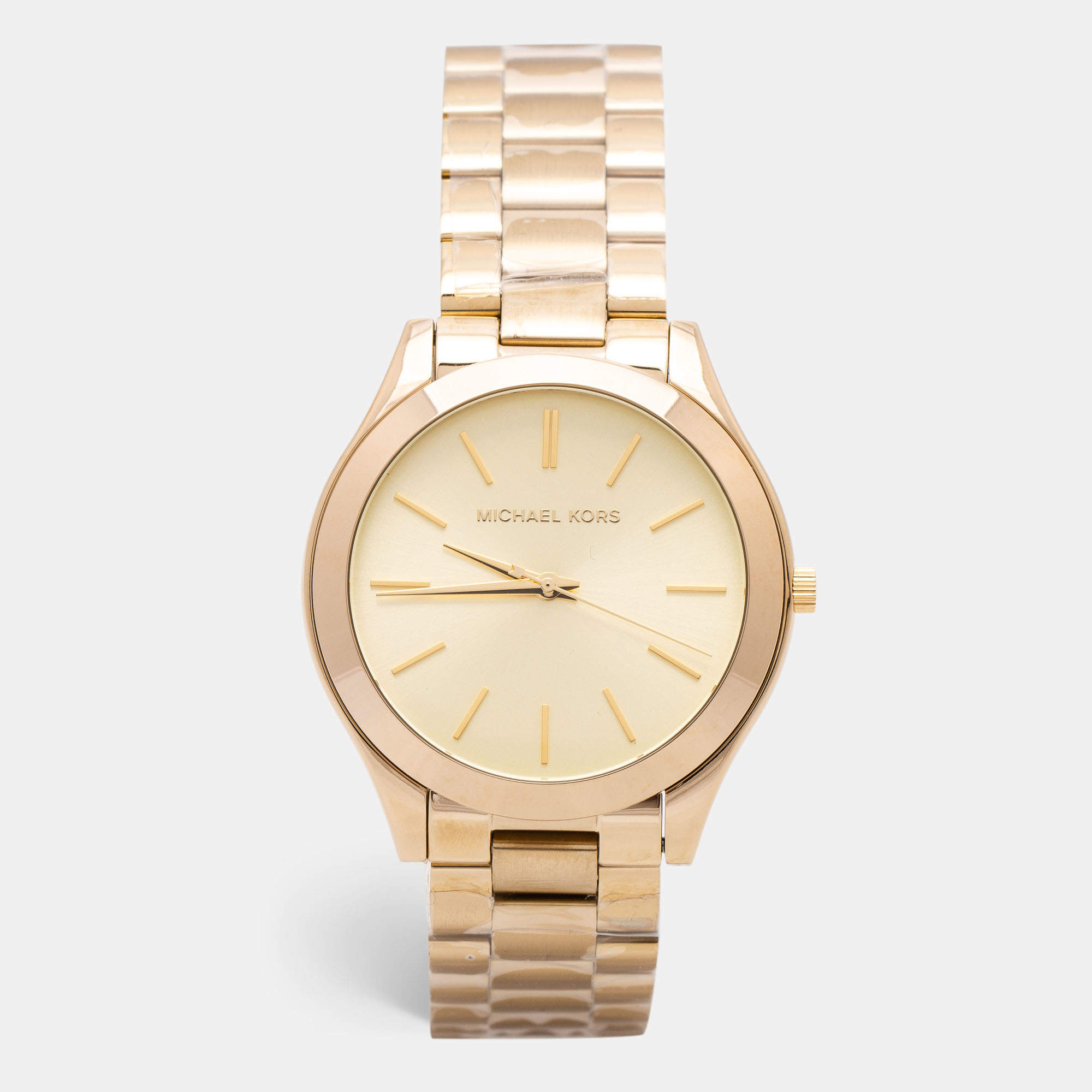 Pre Owned Michael Kors Champagne Gold Plated Stainless Steel Runway MK3179 Women's Wristwatch 42 mm