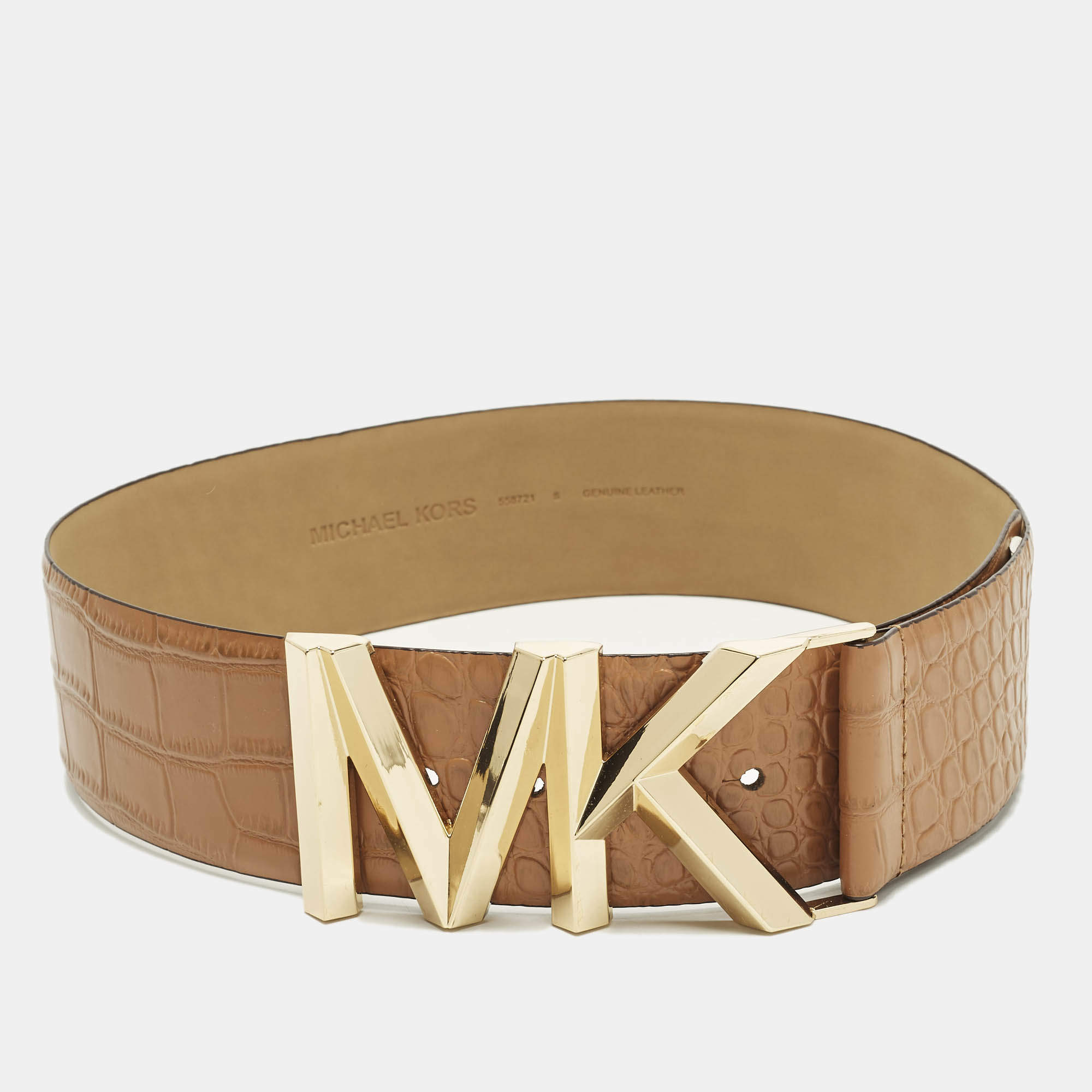 Pre Owned Michael Kors S Waist Belt Brown Crocodile Embossed Leather